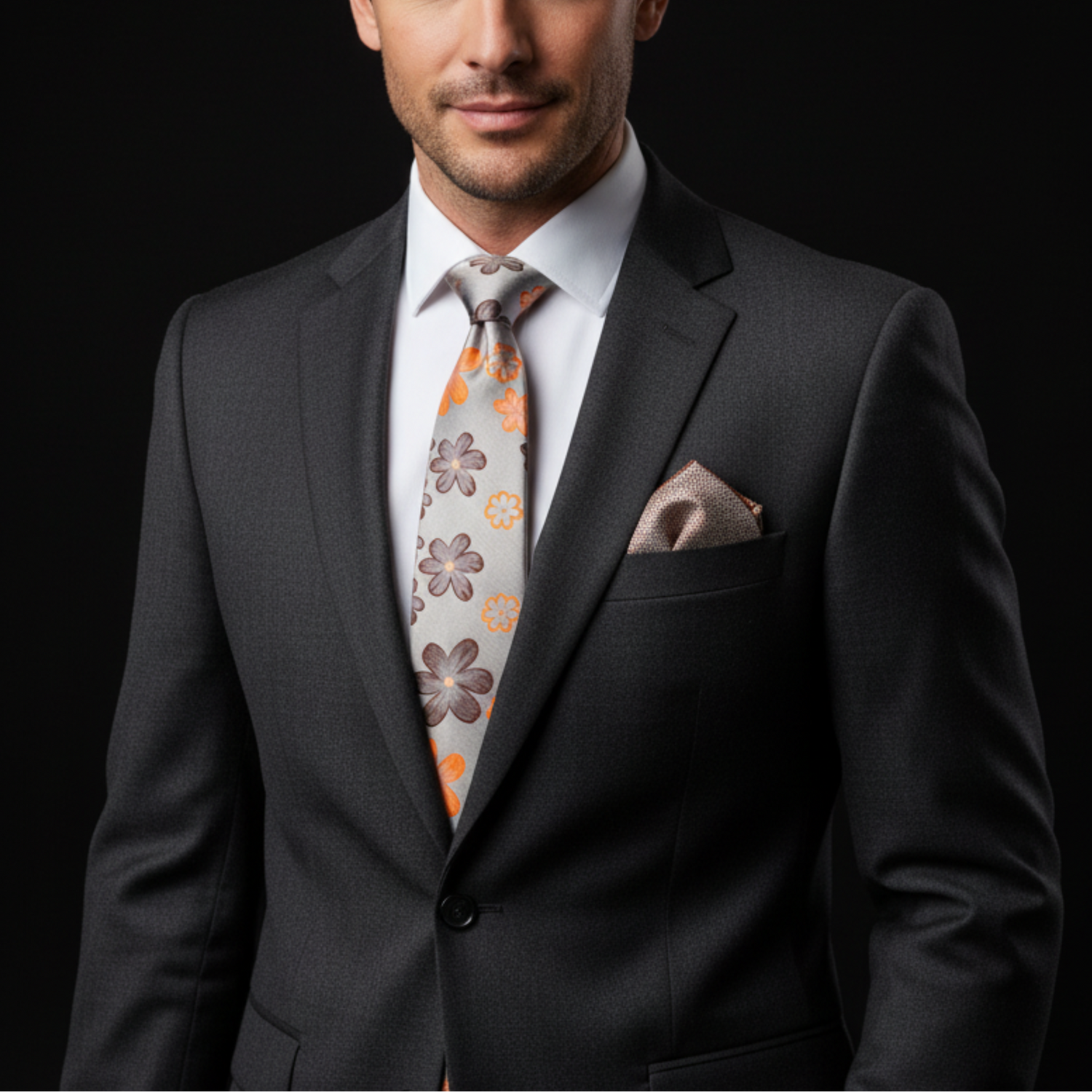 Man wearing a dark suit with a patterned tie and pocket square on a black background
