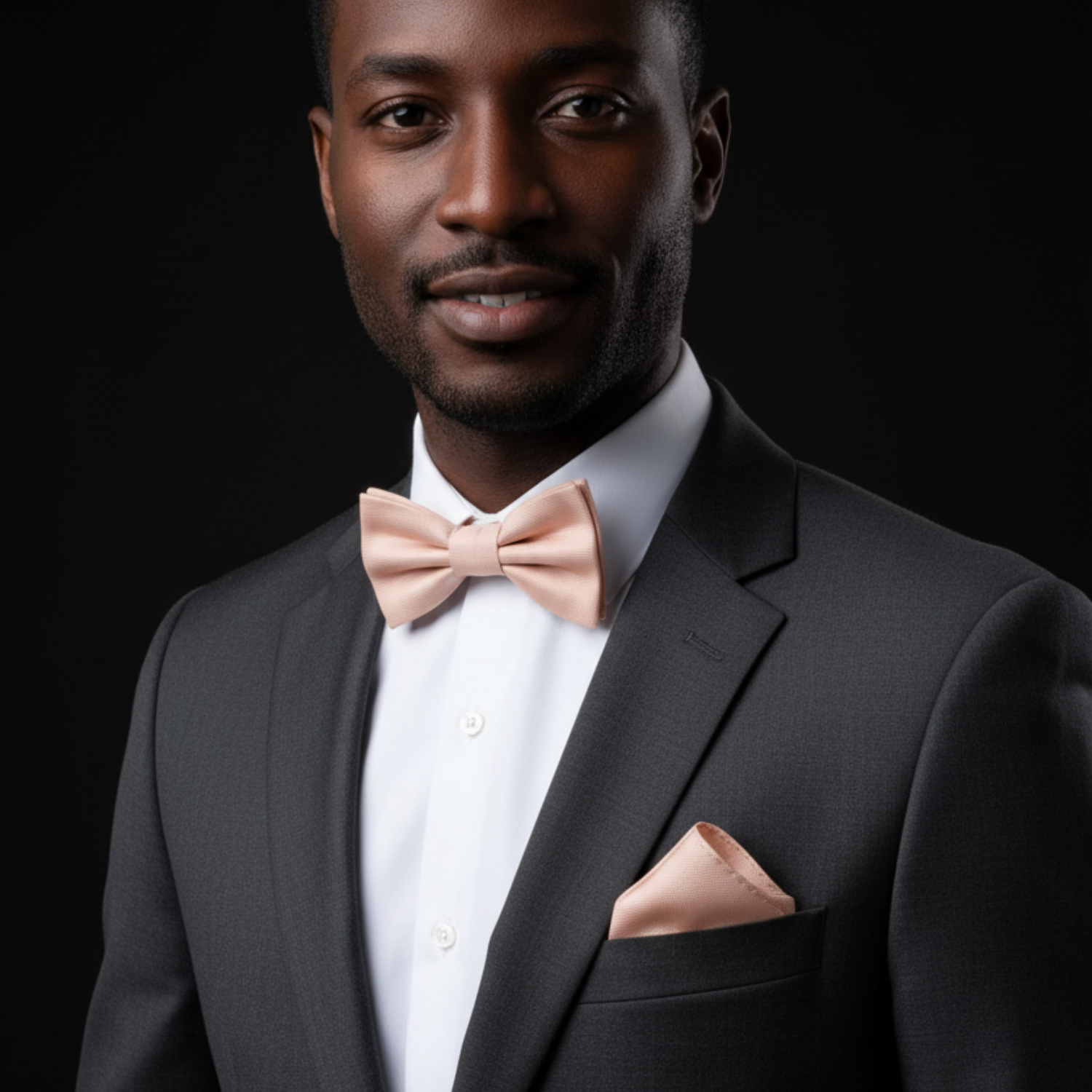 Man wearing a black suit with a beige bow tie and pocket square on a black background