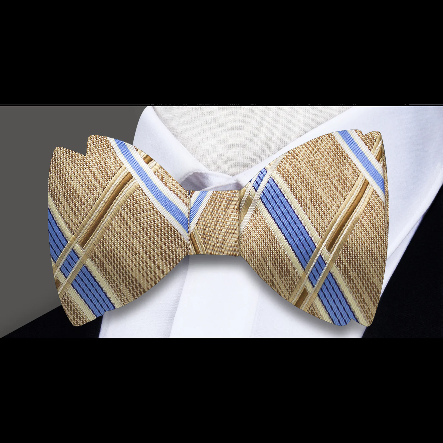 Light Brown Blue Plaid Bow Tie||Tan, Blue