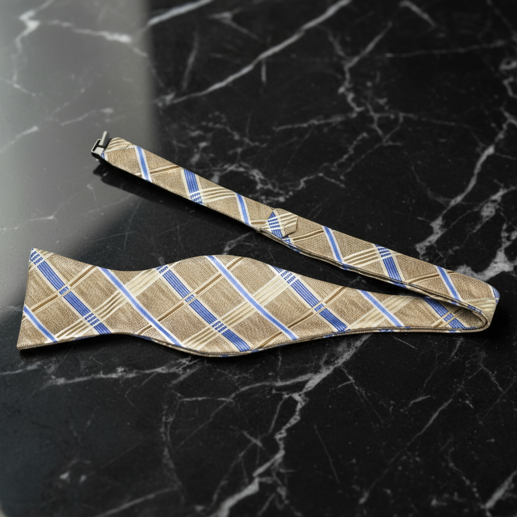Light Brown, Light Blue Plaid Bow tie Self Tie