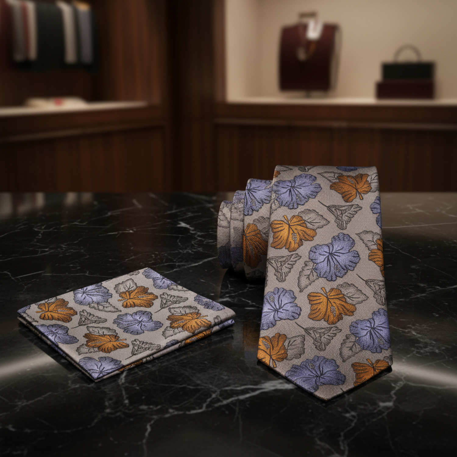 Alt: Light Brown Light Purple Oakwood Floral Necktie and Square