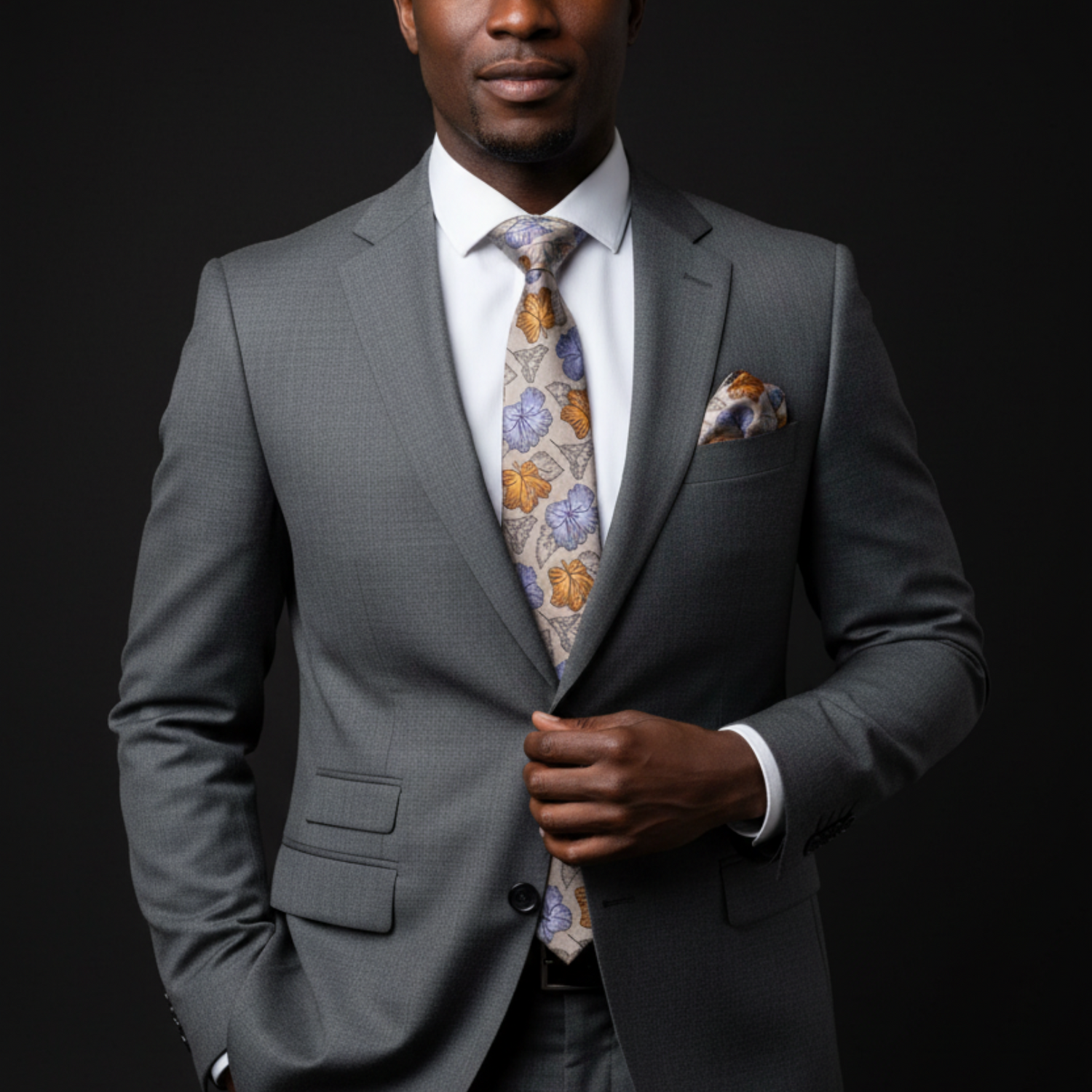 Man wearing a gray suit with a patterned tie and pocket square on a black background