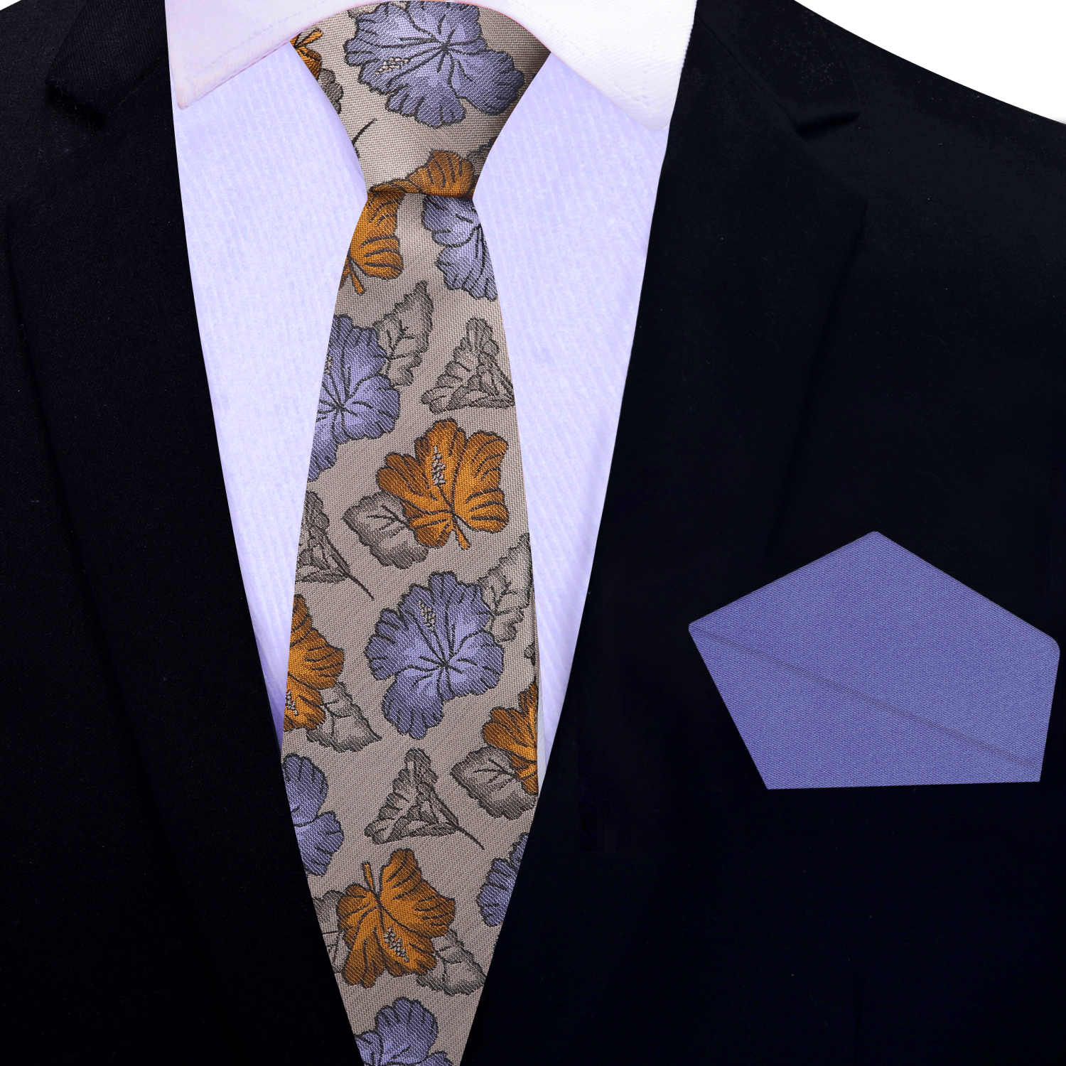 Thin: Light Brown Light Purple Oakwood Floral Necktie and Accenting Square