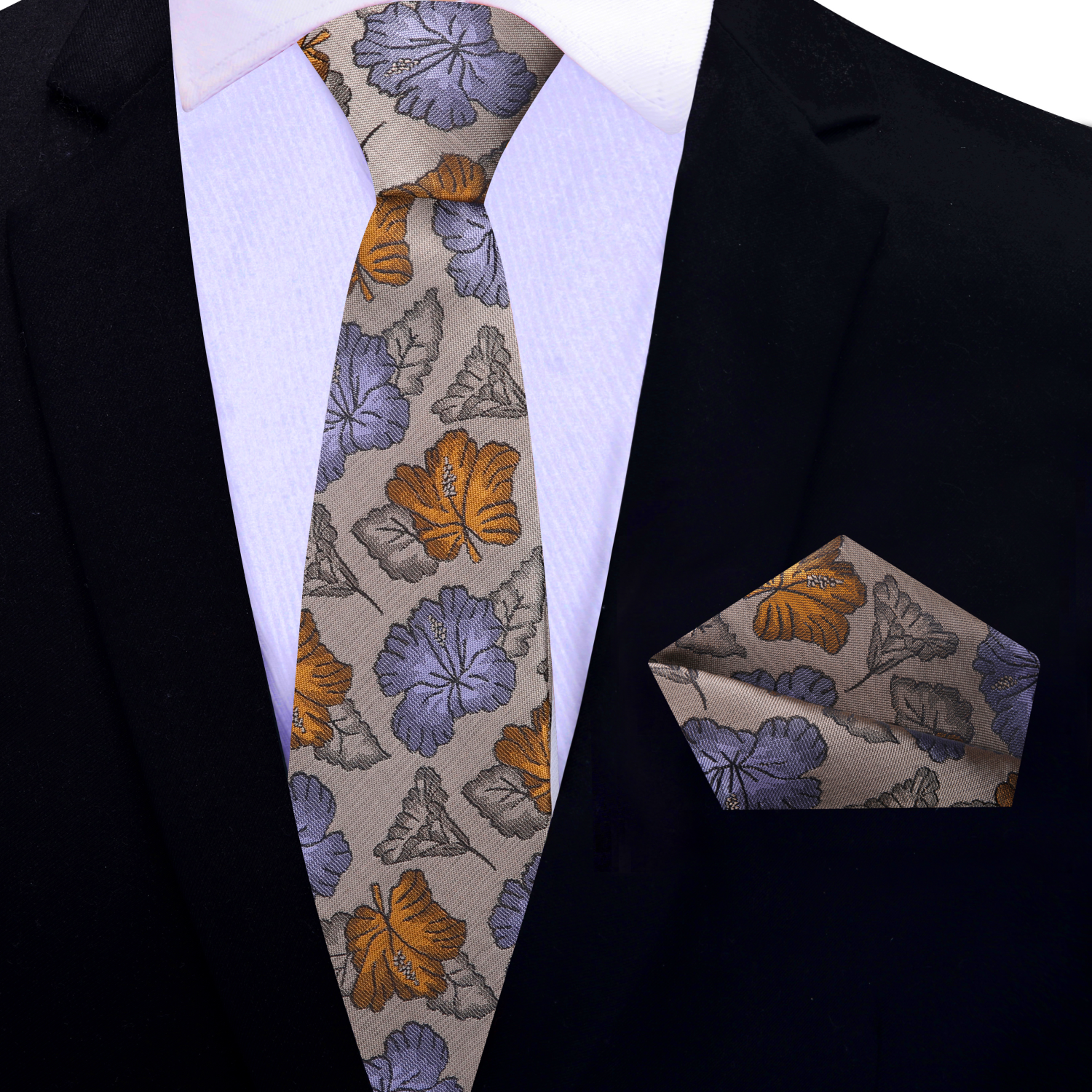 Thin Tie: Light Brown Light Purple Oakwood Floral Necktie and Square