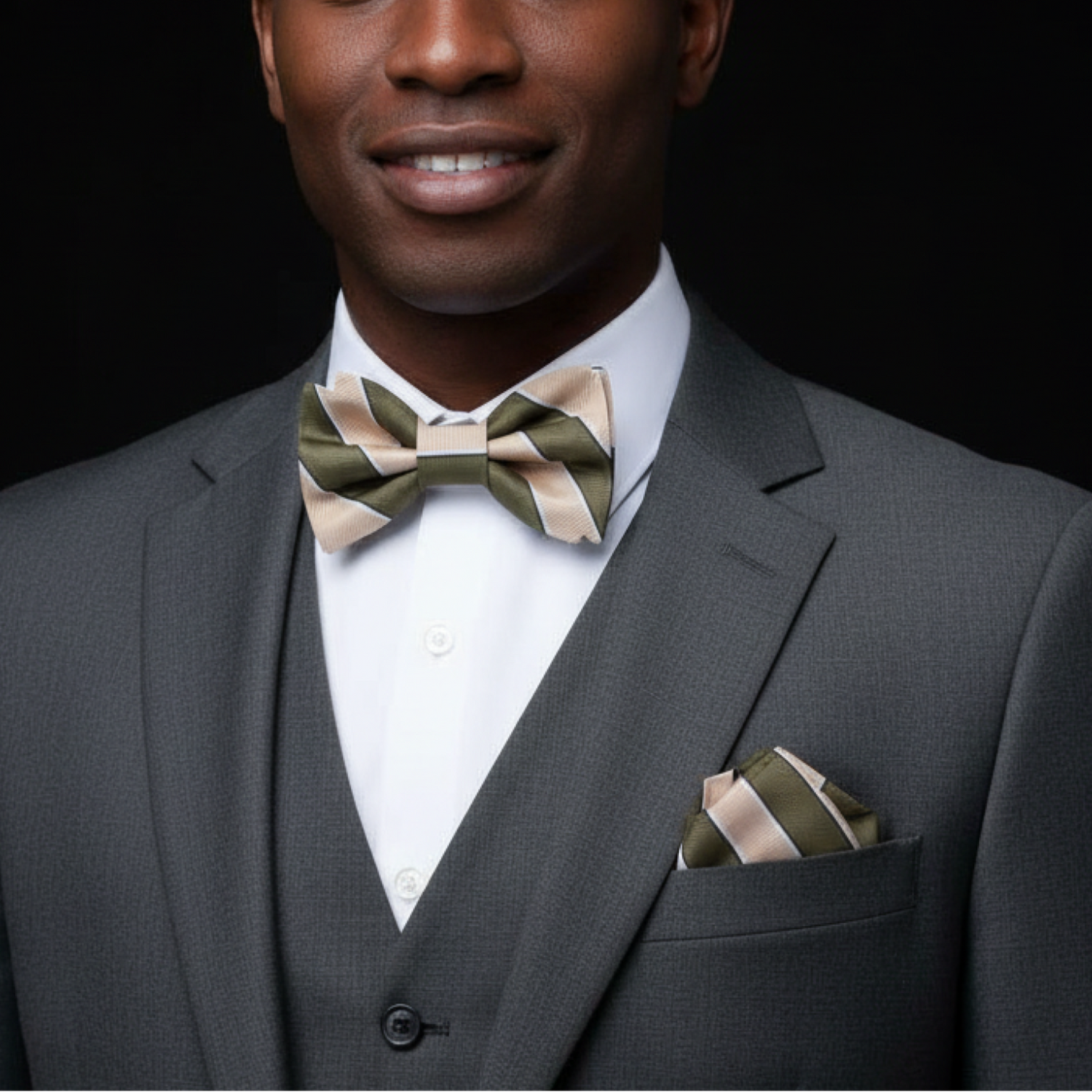 Olive Stripe Bow Tie and Square on man