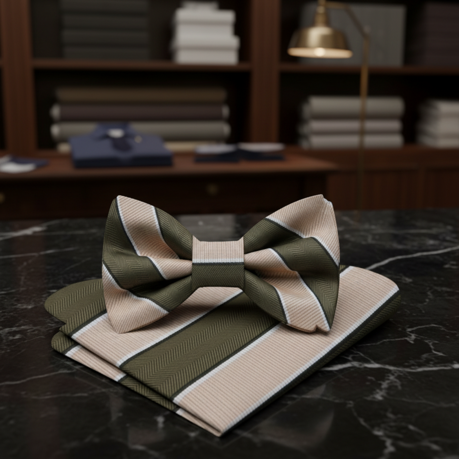 Sage Green, Light Brown Block Stripe Bow Tie and Square