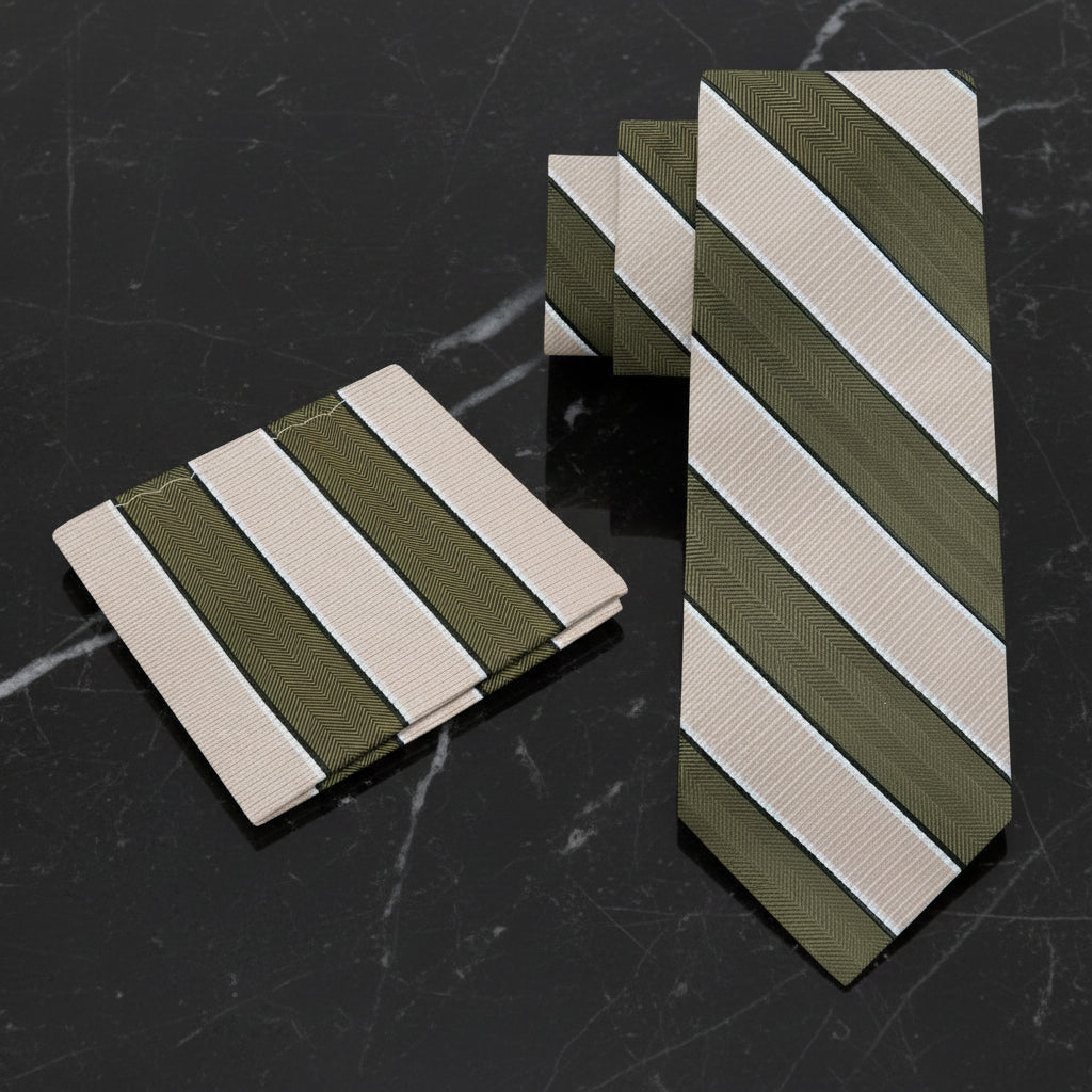 Alt Light Brown and Olive Block Stripe Necktie and Square