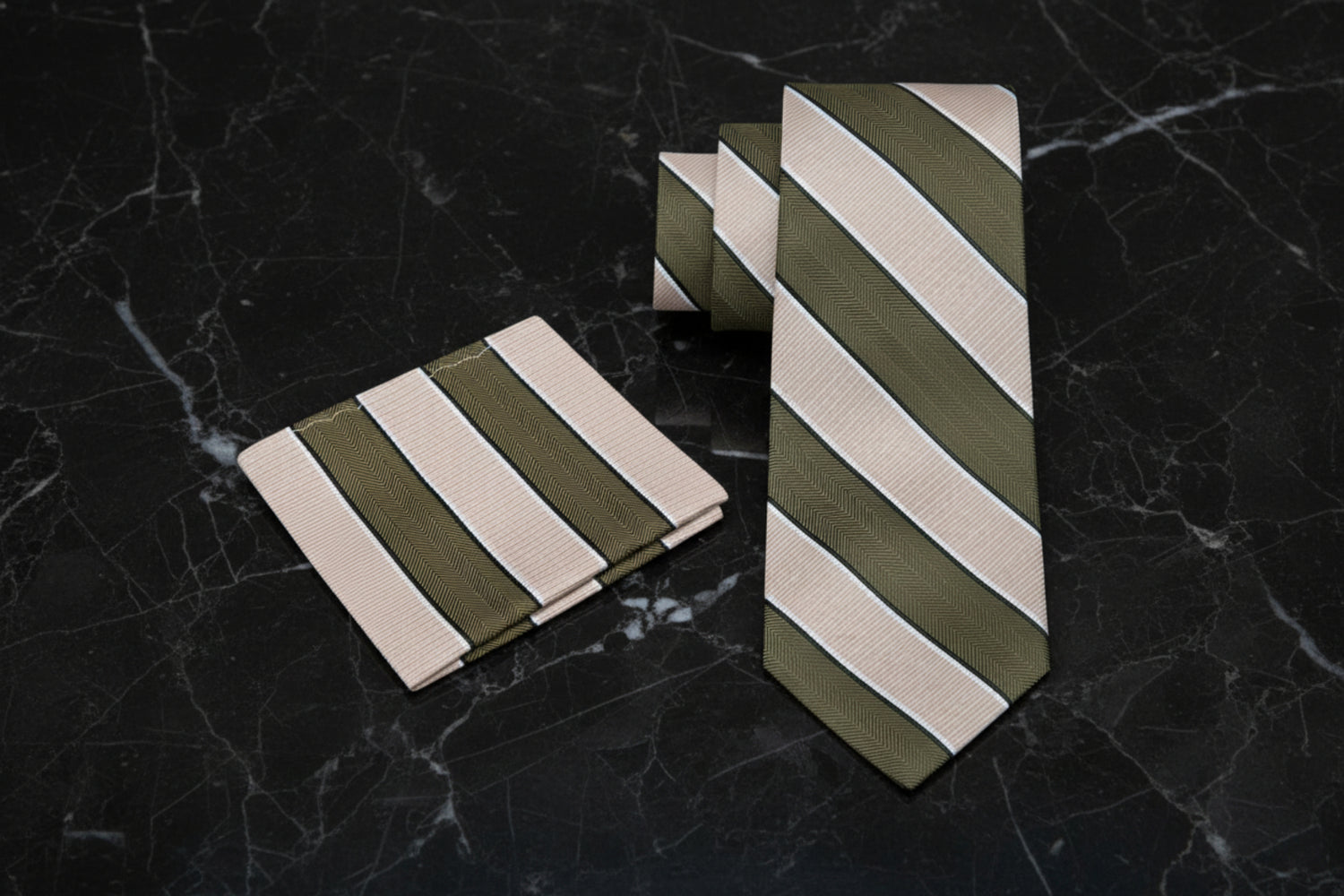 Alt Light Brown and Olive Stripe Necktie and Pocket Square Main View