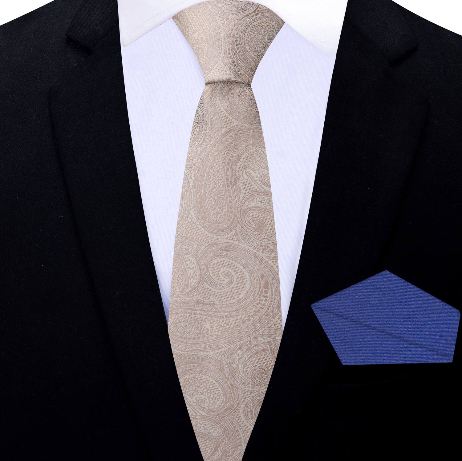 A light brown paisley textured necktie displayed on a stone surface with a floral pattern in the background.