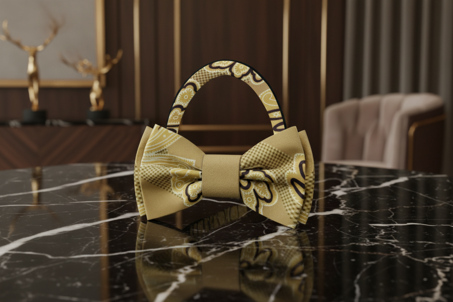 A Golden Topaz, Washed Yellow, Black Color Abstract Pattern Bow Tie Pre Tied