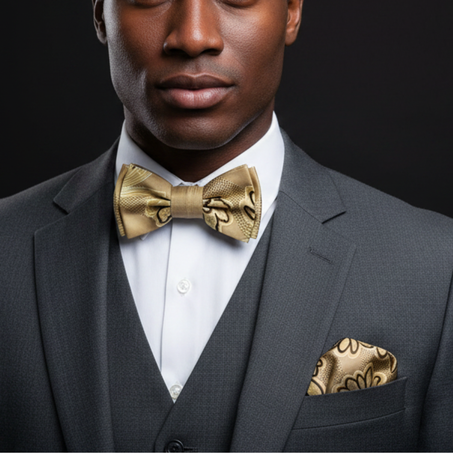 Man wearing a gray suit with a gold bow tie and pocket square against a black background