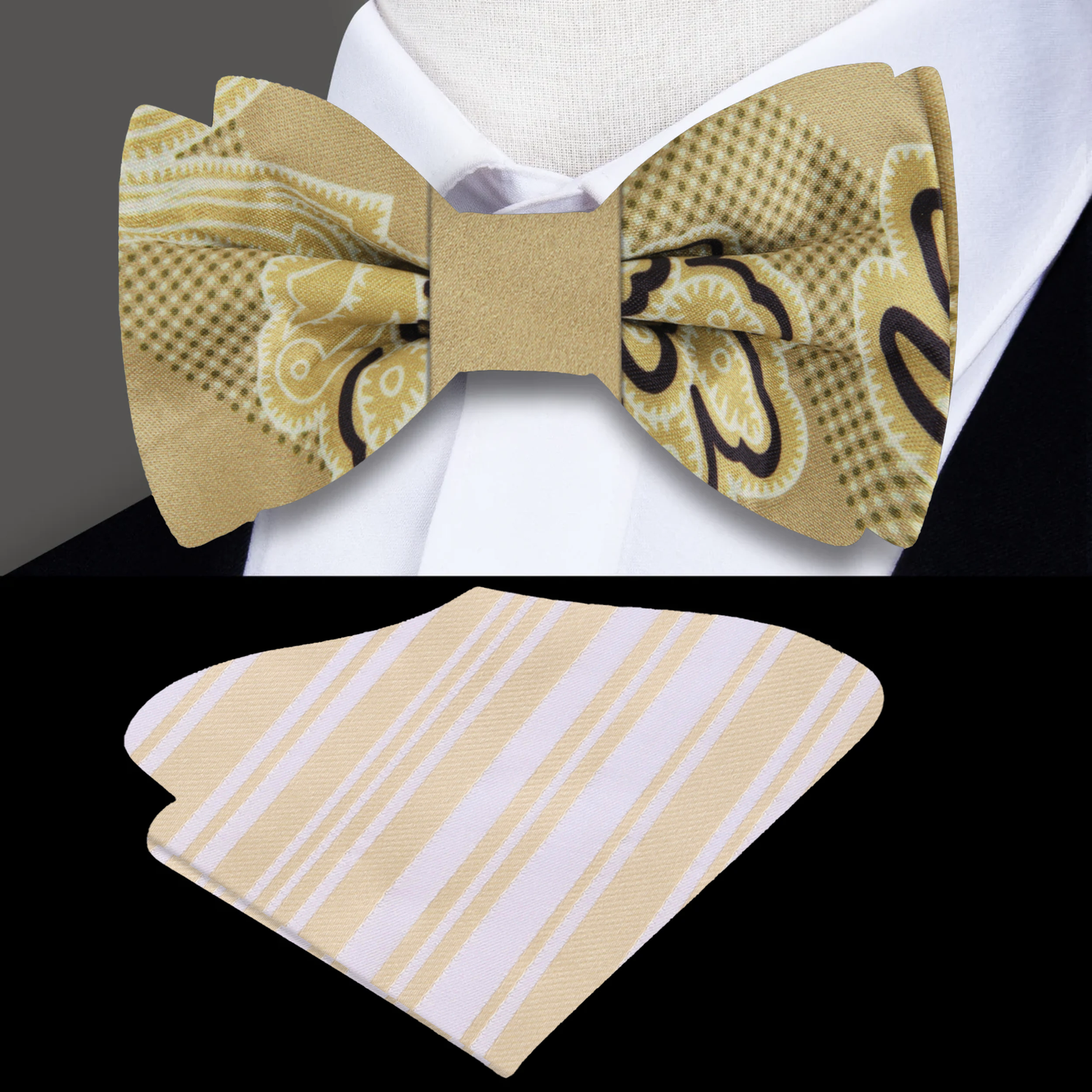 A Golden Topaz, Washed Yellow, Black Color Abstract Pattern Bow Tie, Accenting Pocket Square