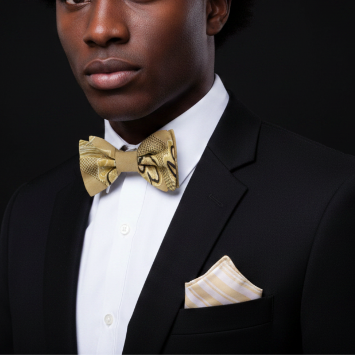 Man wearing a black suit with a gold bow tie and pocket square against a dark background