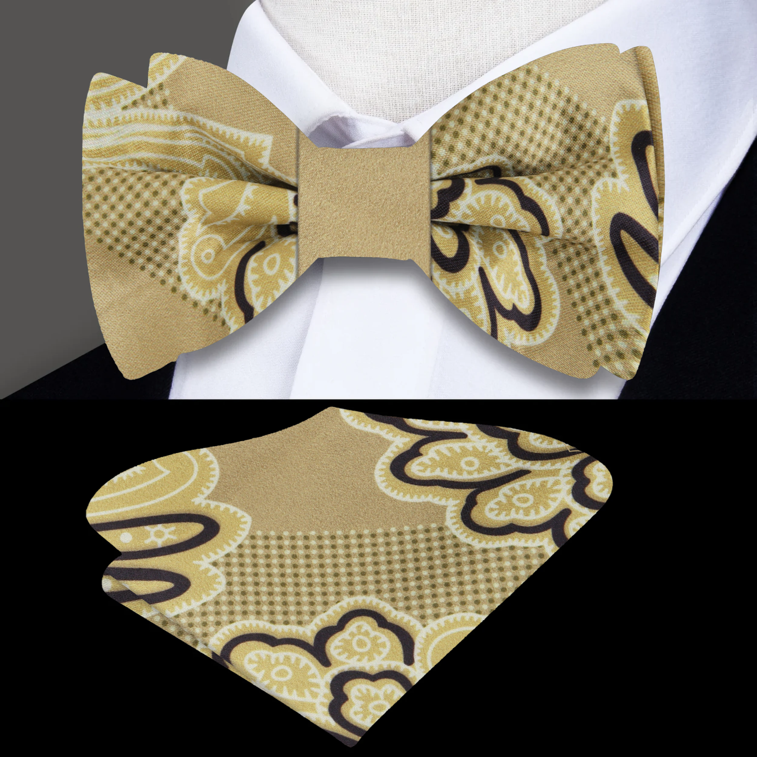 A Golden Topaz, Washed Yellow, Black Color Abstract Pattern Bow Tie, Pocket Square