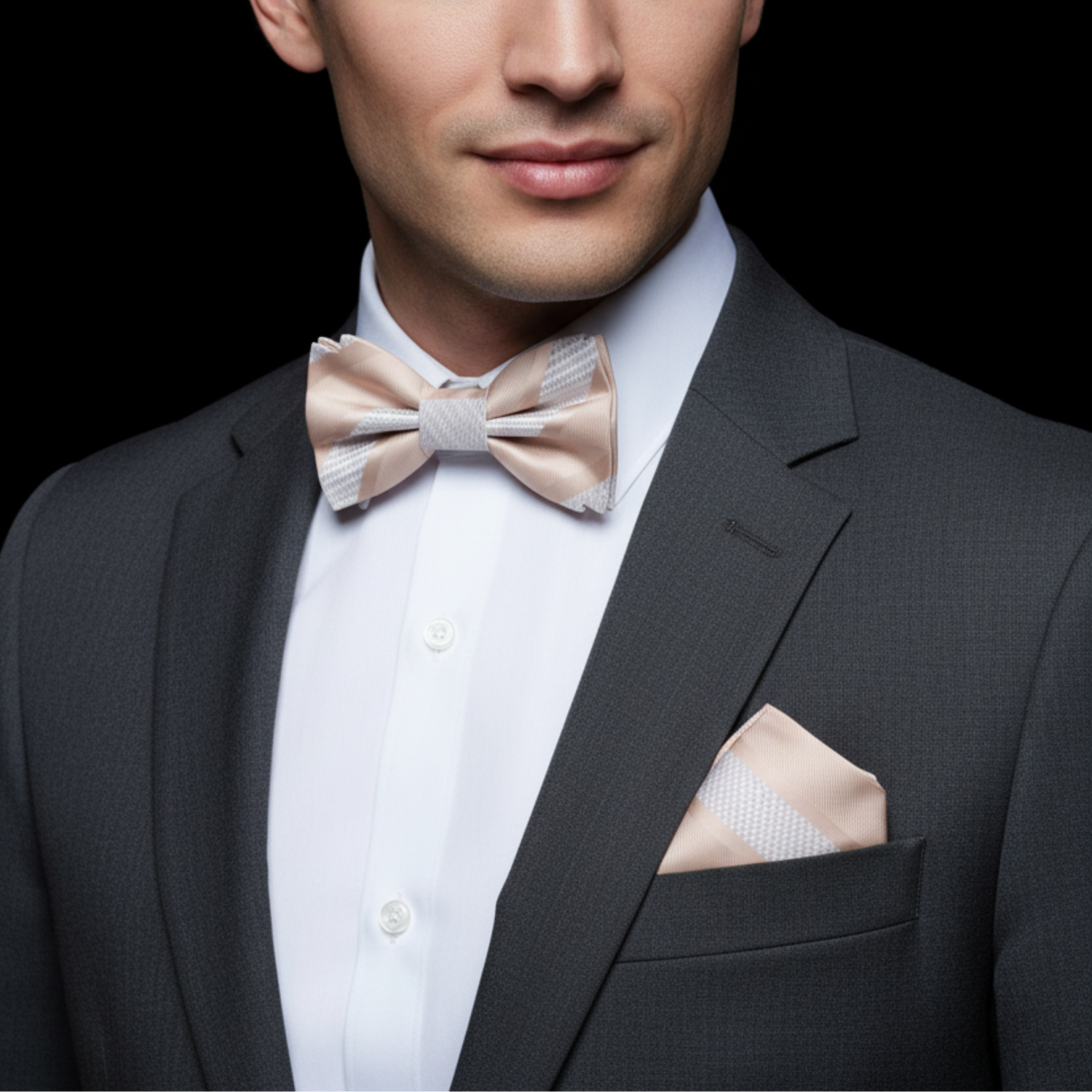 Man wearing a gray suit with a beige bow tie and pocket square on a black background