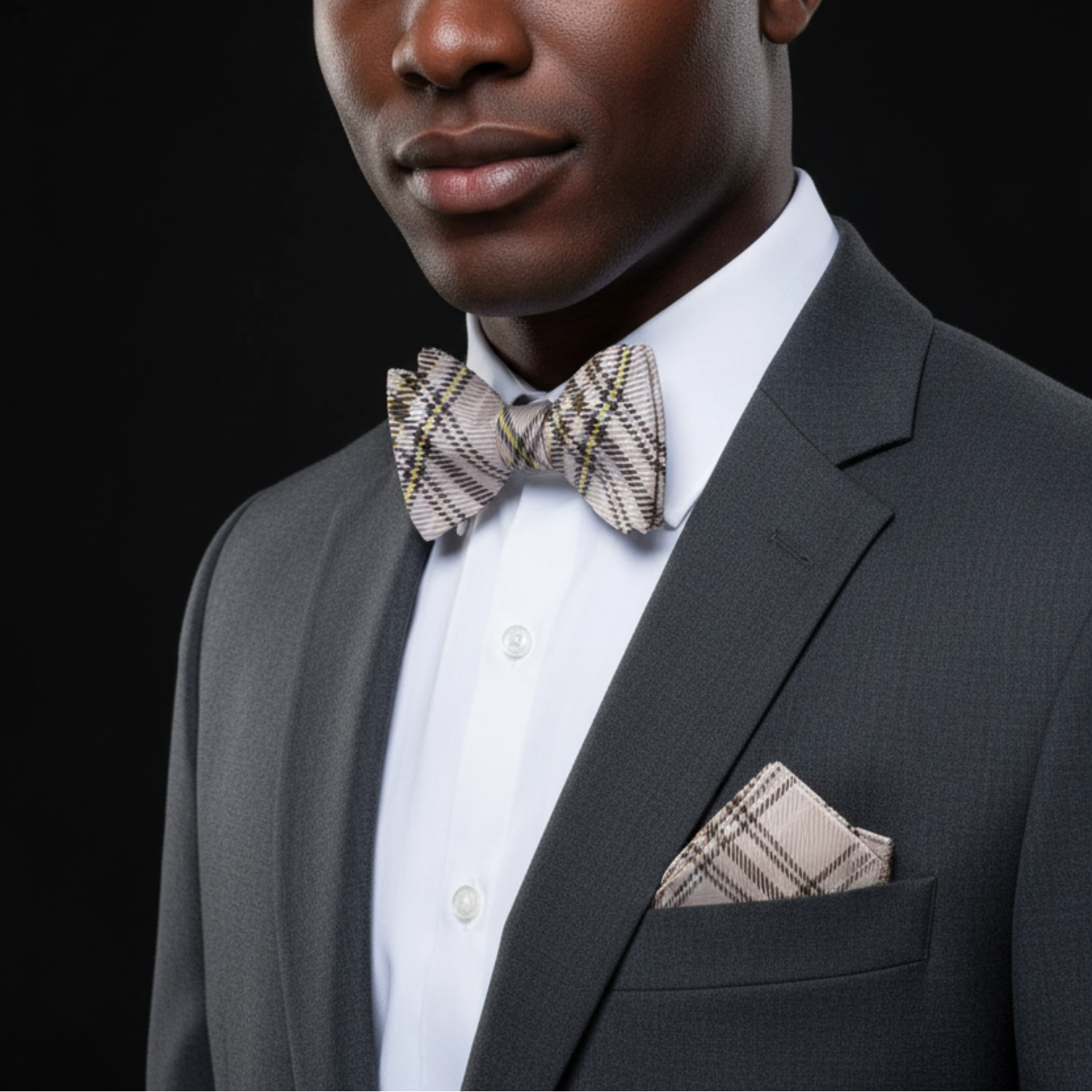 Light Brown Plaid Bow Tie and Square