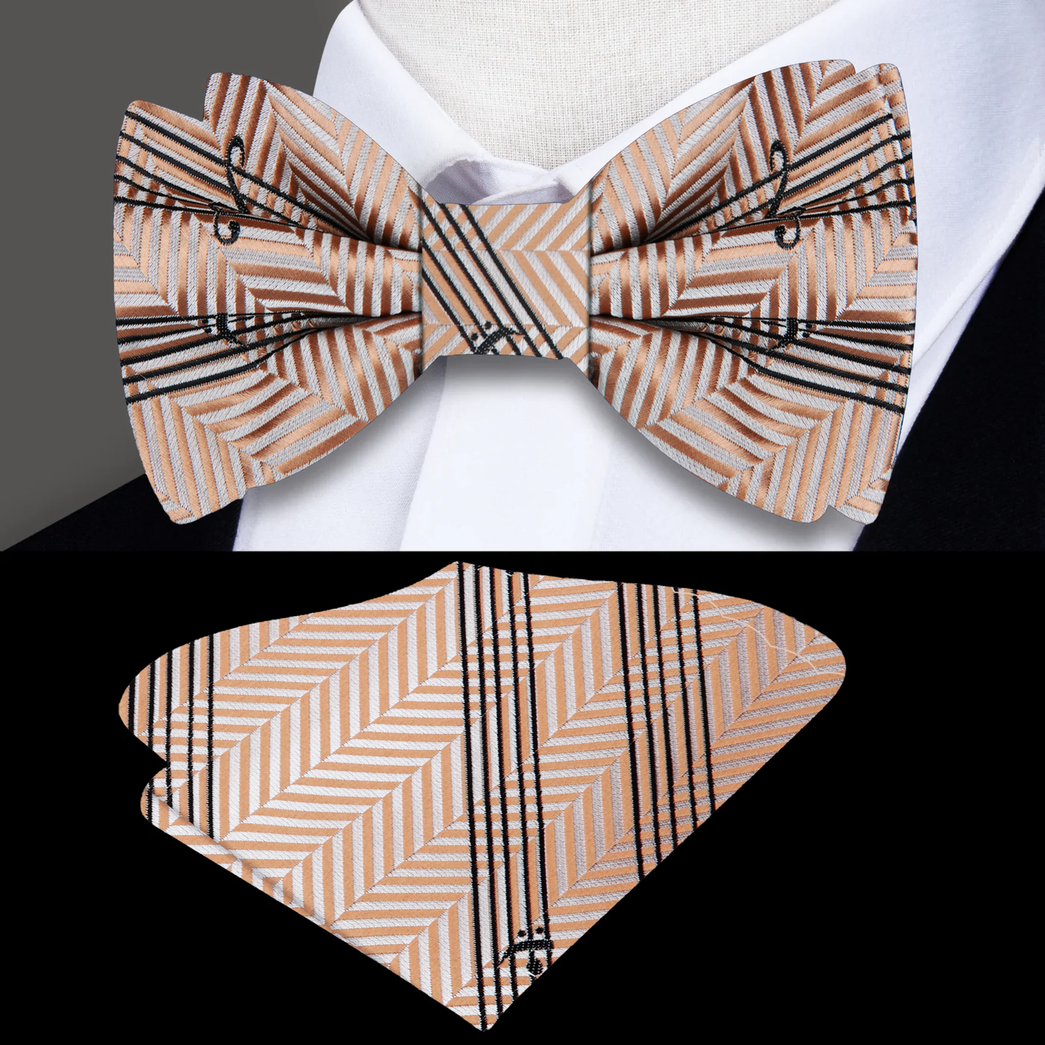 Brilliant Brownish Gold Printed Music Bow Tie and Pocket Square||Brilliant Gold, Black, White