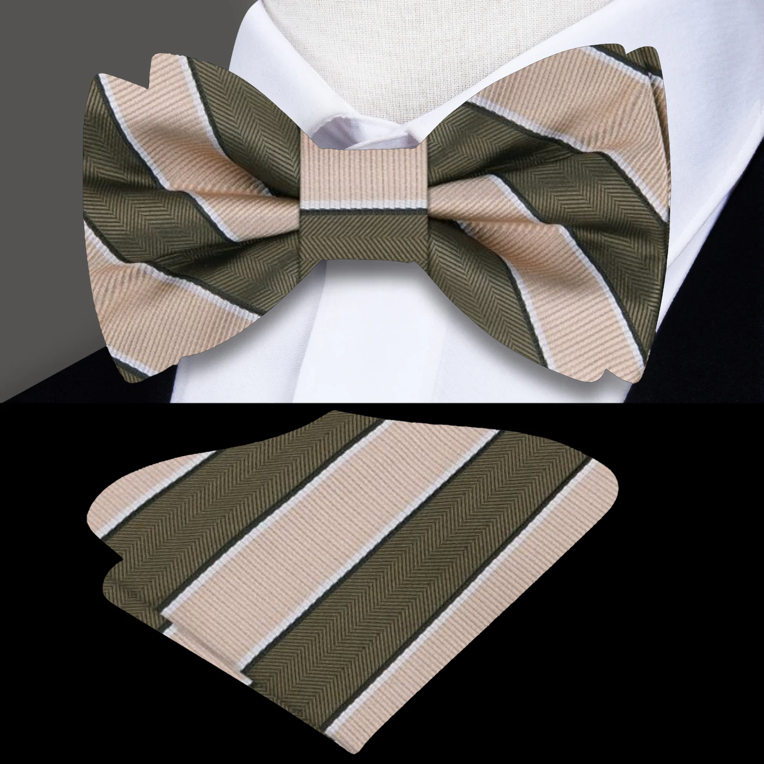 Olive/Army Green, Light Brown Stripe Bow Tie and Pocket Square||Olive/Light Brown