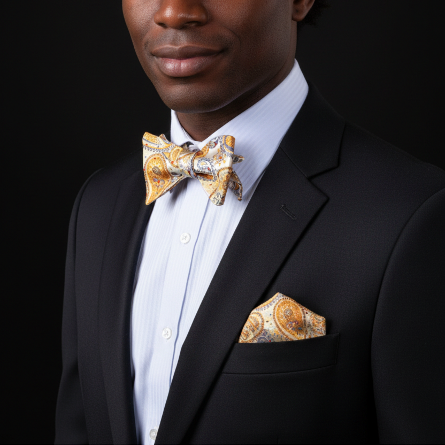 Man wearing a black suit with a patterned bow tie and pocket square against a black background