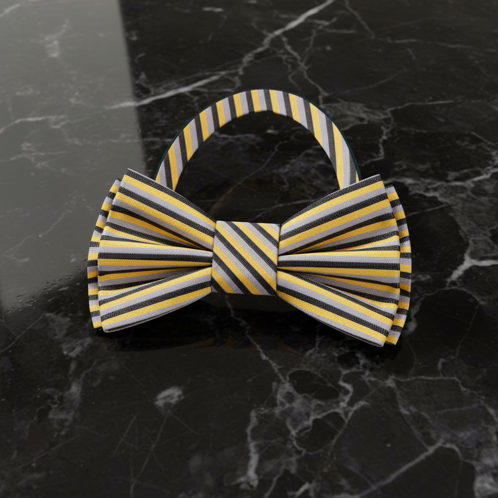 Yellow Gold, Black, Grey Stripe Bow Tie Pre Tied