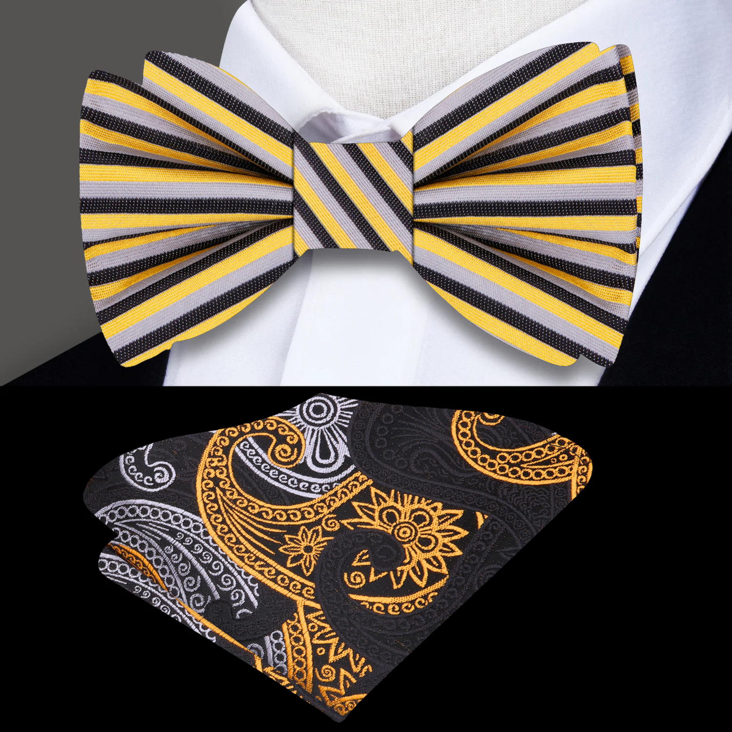 Yellow Gold, Black, Grey Stripe Bow Tie and Accenting Square