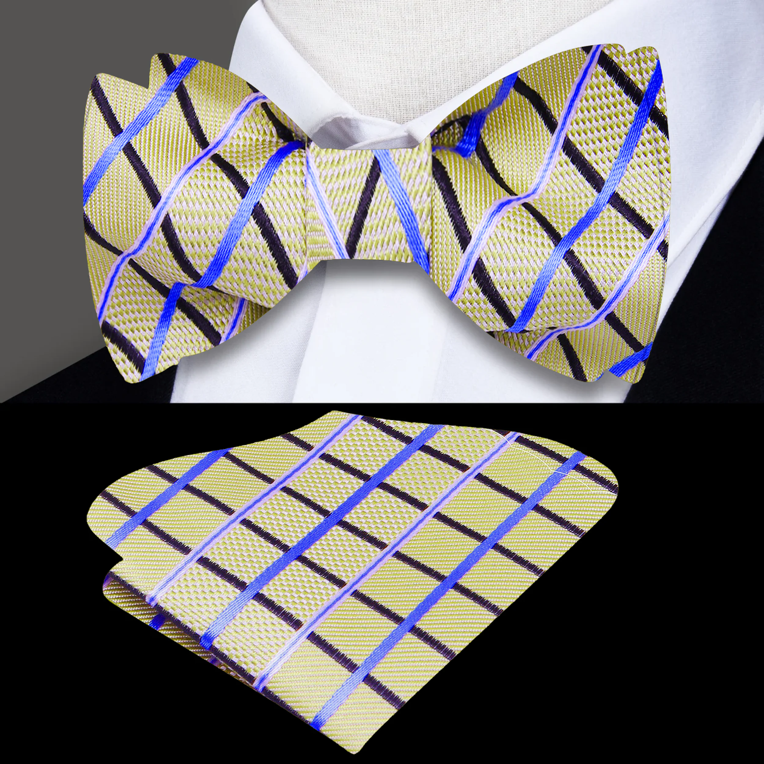 Main: A Light Blue, Light Gold Geometric Diamonds Pattern Self Tie Bow Tie, Matching Pocket Square