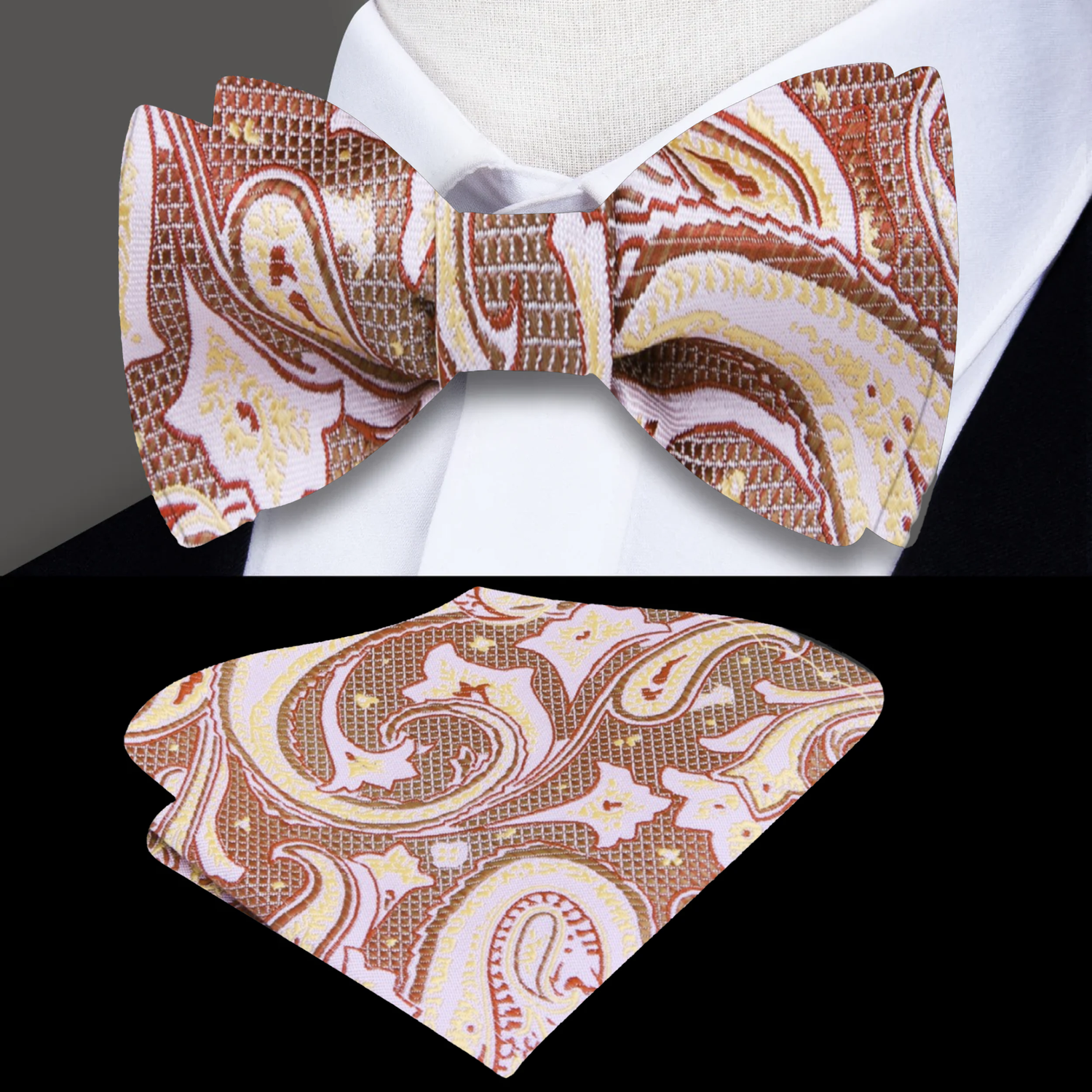 Main: Pale Gold, Crimson Paisley Bow Tie and Pocket Square