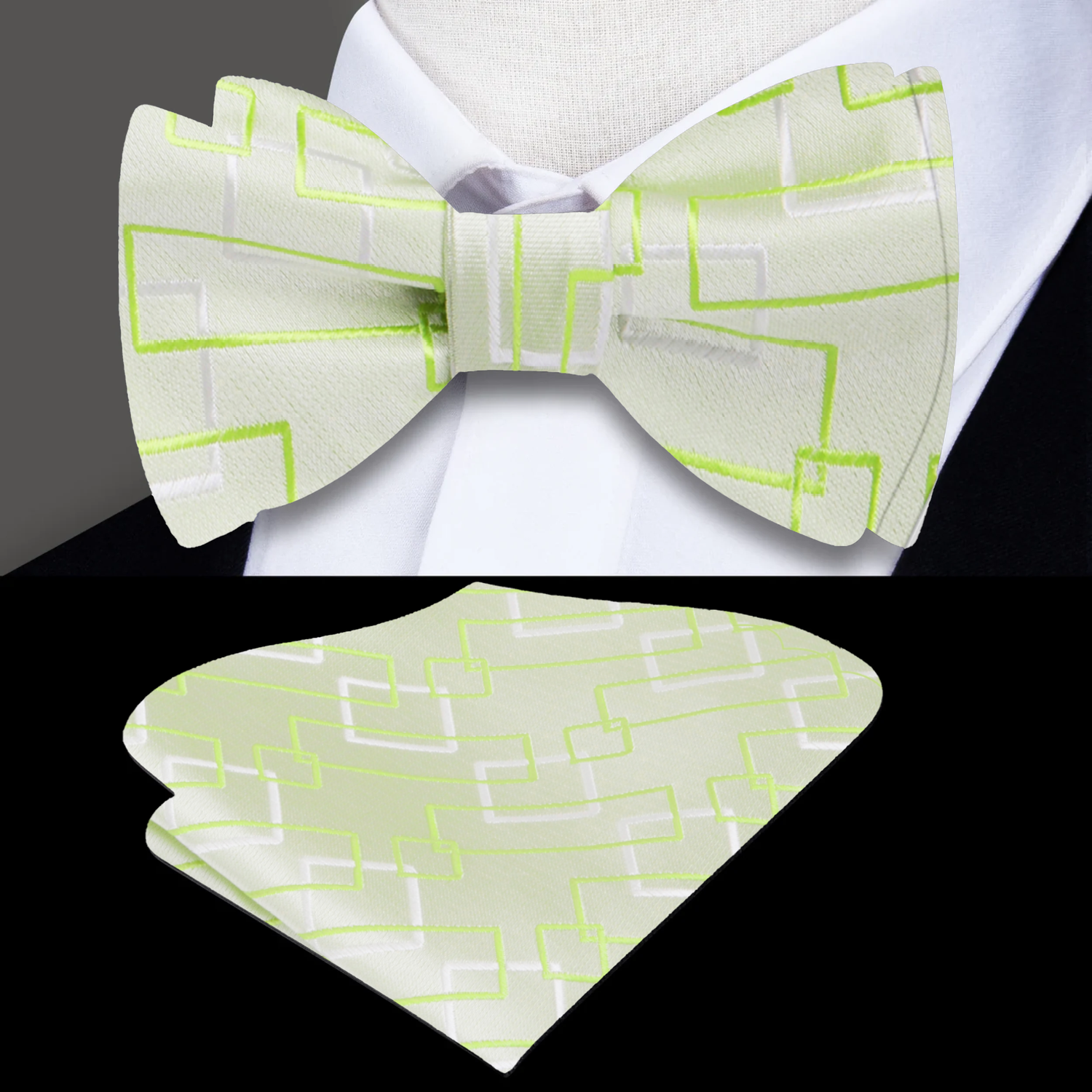 A Light Green Geometric Shapes Pattern Self Tie Bow Tie, Matching Pocket Square