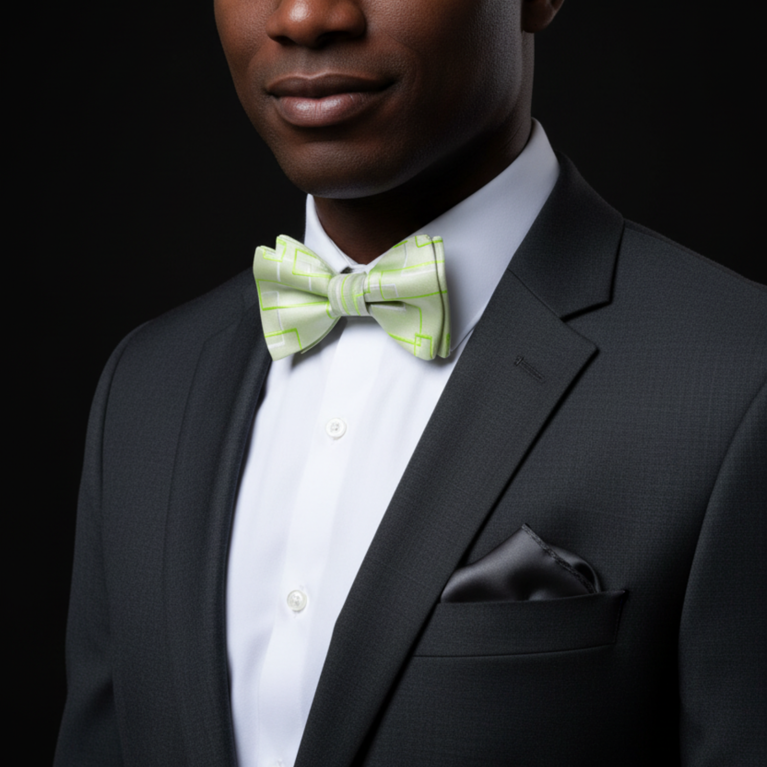 Man wearing a black suit with a light green bow tie and dark grey square against a black background