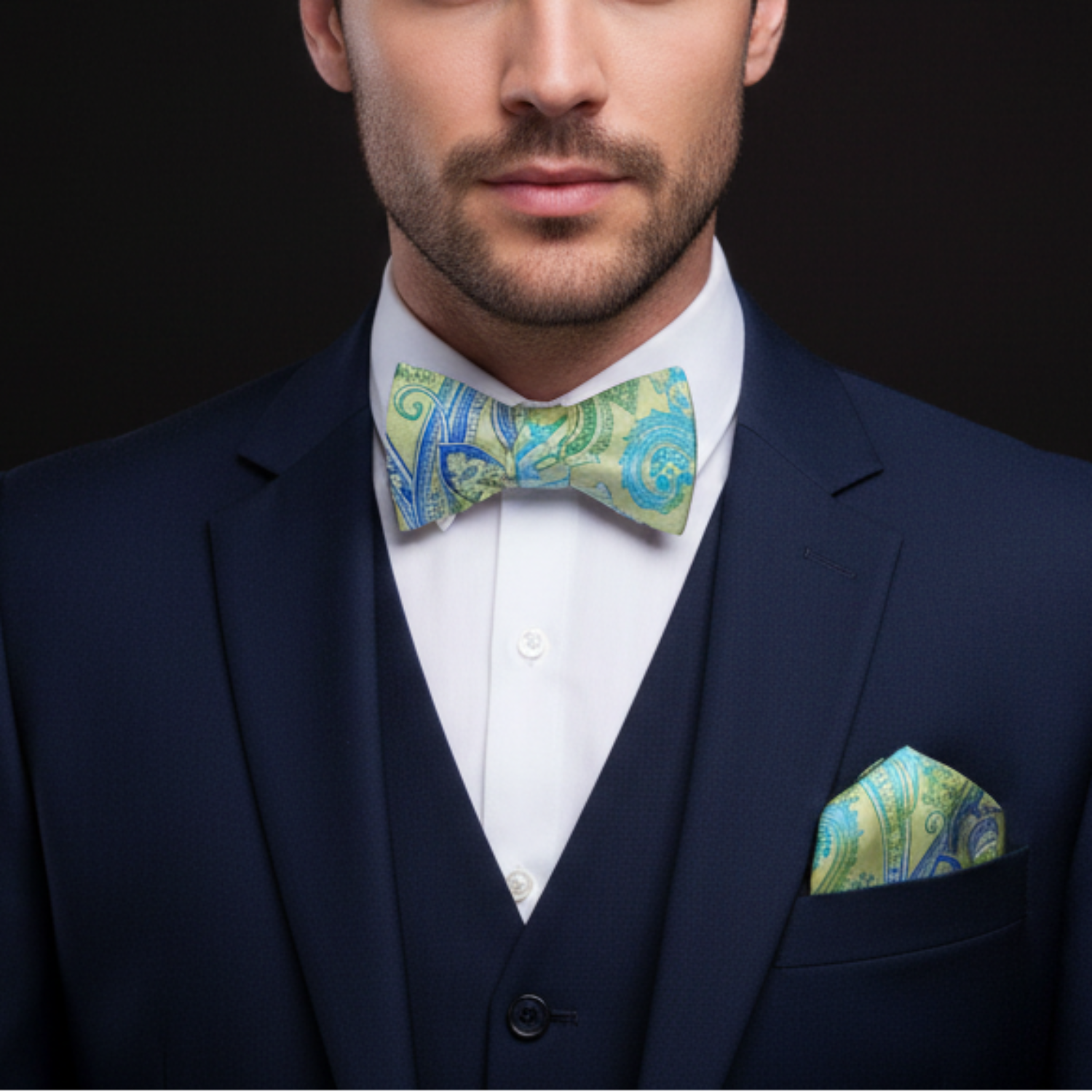 Man wearing a navy suit with a green paisley bow tie and pocket square against a black background
