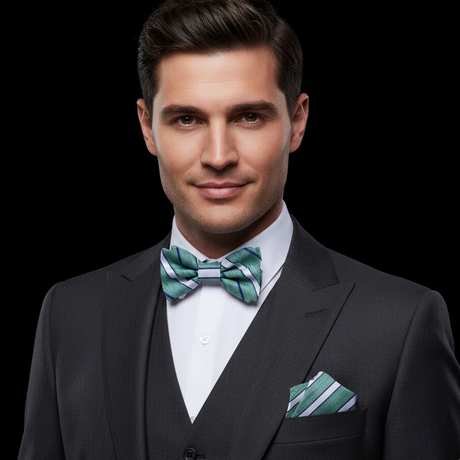 Man wearing a black suit with a green and white bow tie and pocket square on a black background