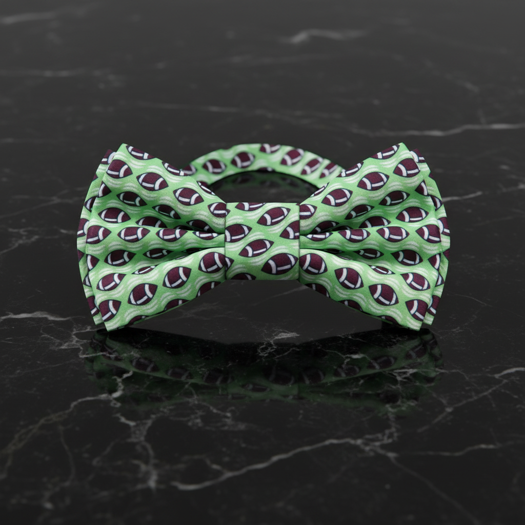 Light Green, Brown Football Bow Tie Pre Tied