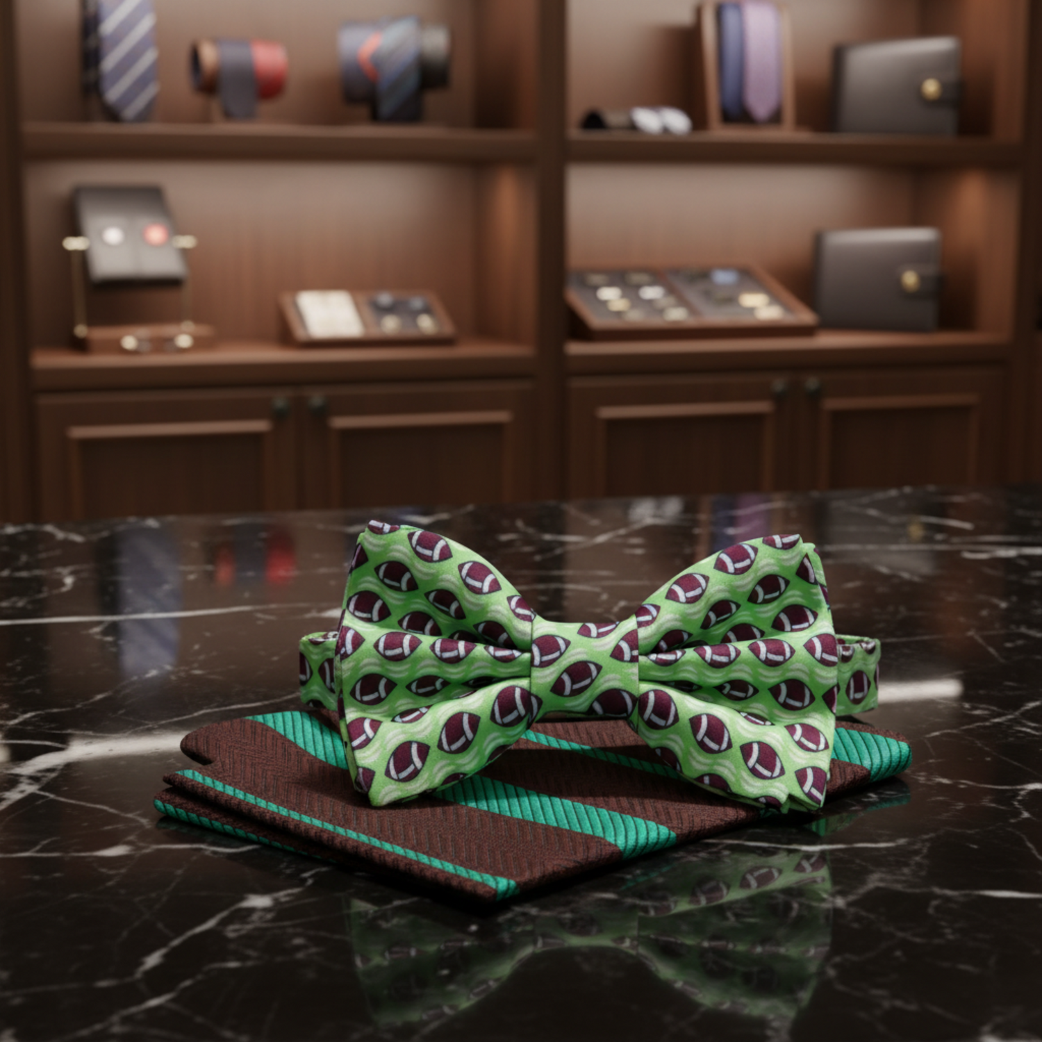Light Green, Brown Football Bow Tie and Accenting Pocket Square