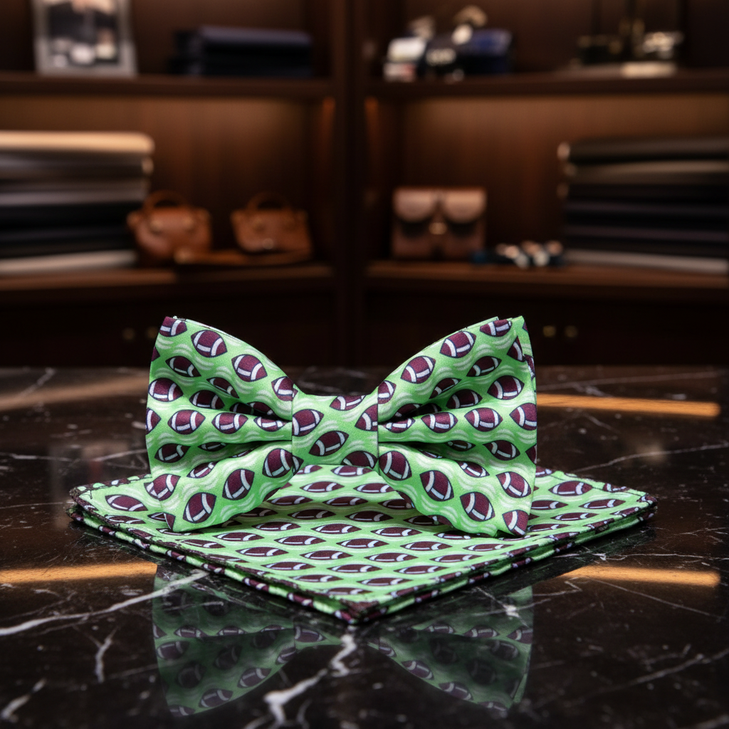 Light Green, Brown Football Bow Tie and Pocket Square