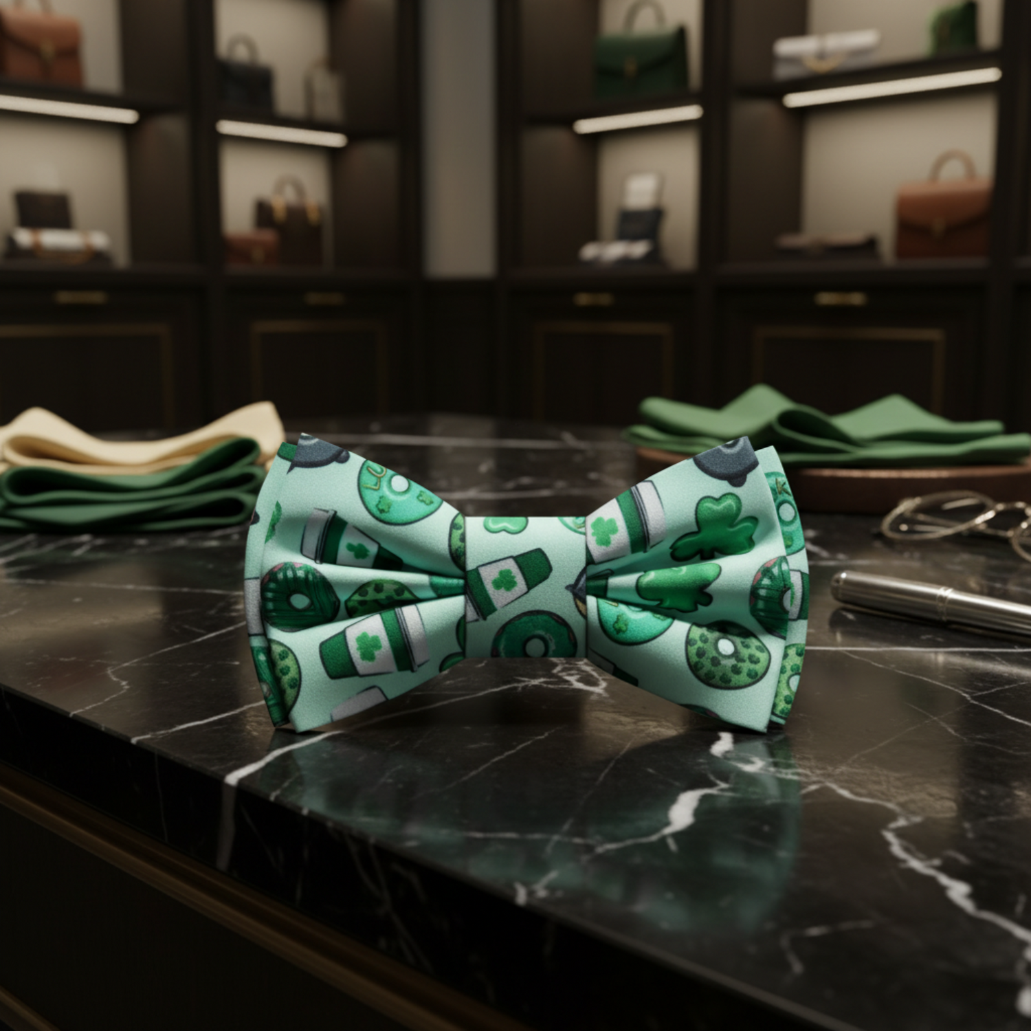 Light Green, Green Coffee, Donuts and Clovers Bow Tie Pre Tied