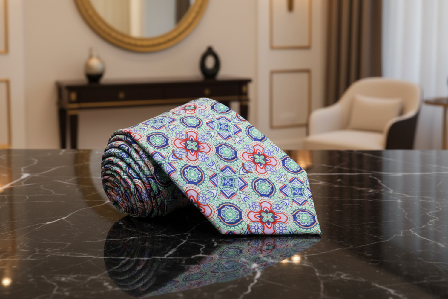 Light Green, Blue, Red Mosaic Necktie