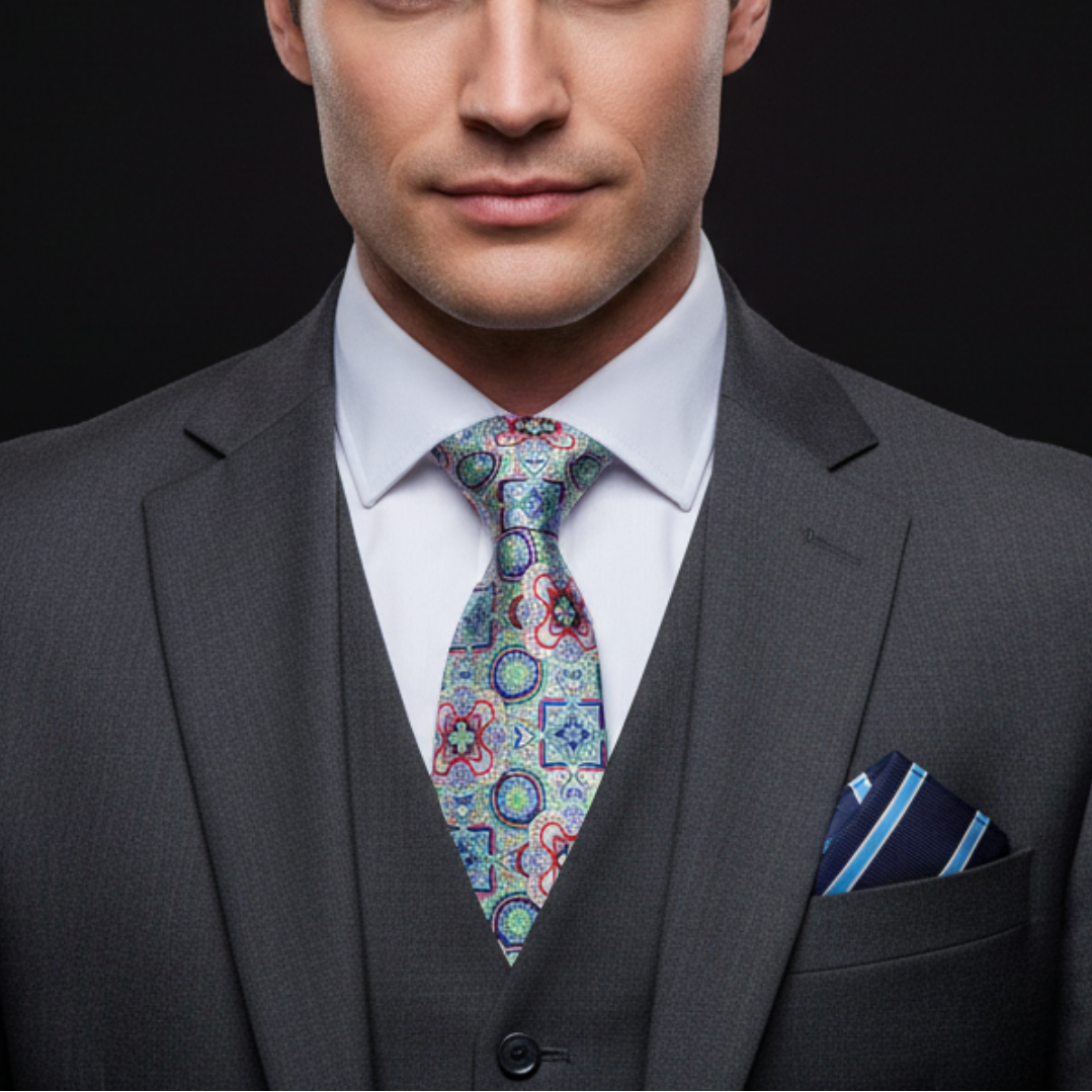 Alt Light Green, Blue, Red Mosaic Necktie and Square and Square