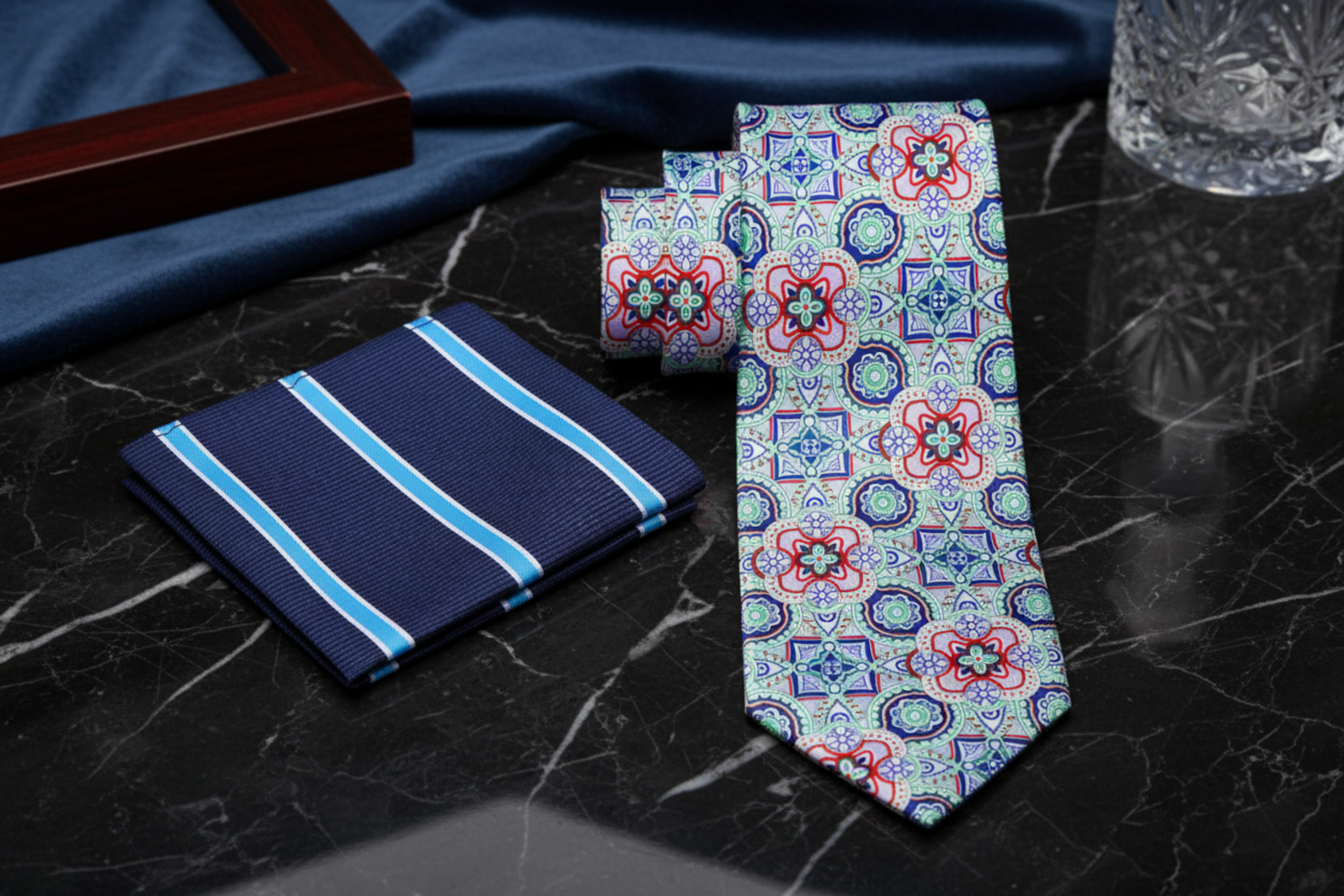 Floral patterned tie with matching pocket square on a dark surface