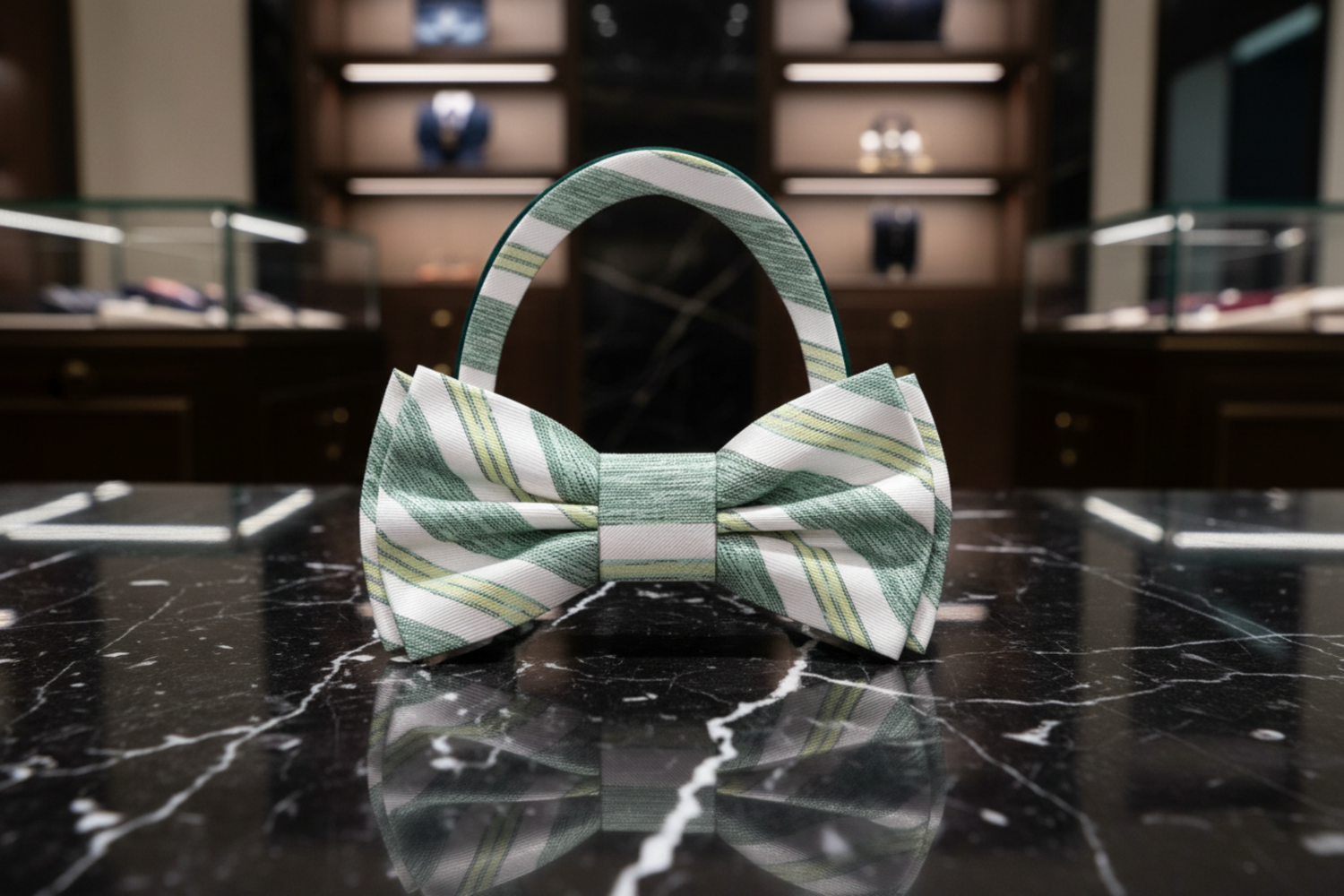 Green Shadow, Off White Stripe Bow Tie Pre Tied