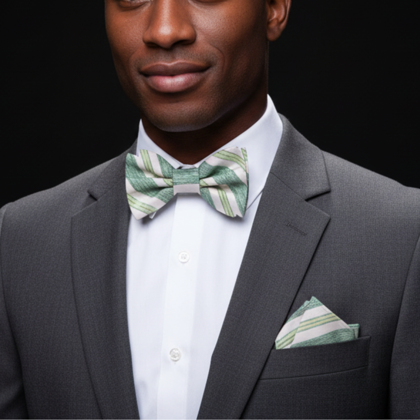 Man wearing a gray suit with a green and white striped bow tie and pocket square against a black background