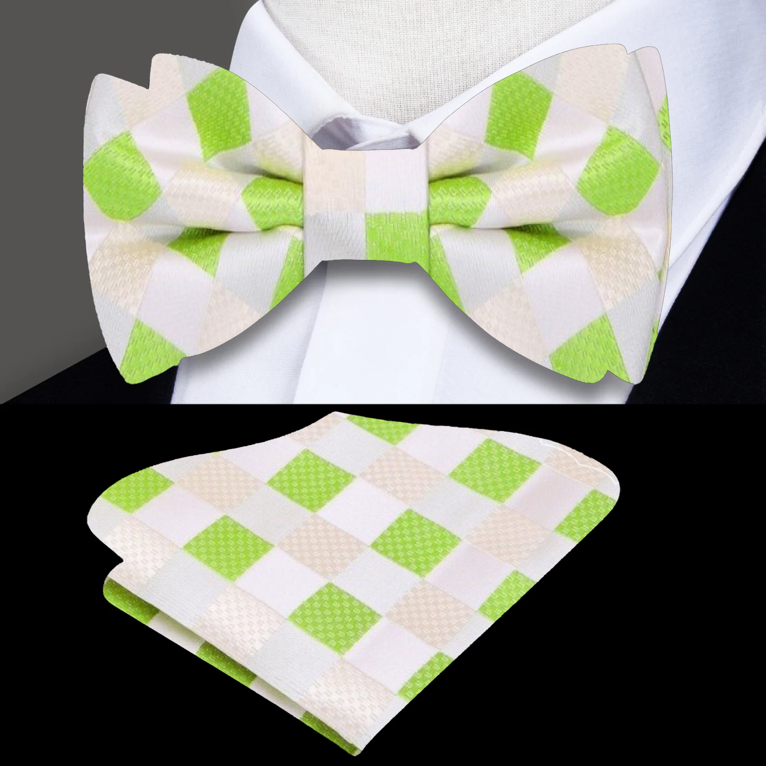 A Lime, Yellow Geometric Pattern Bow Tie, Matching Pocket Square