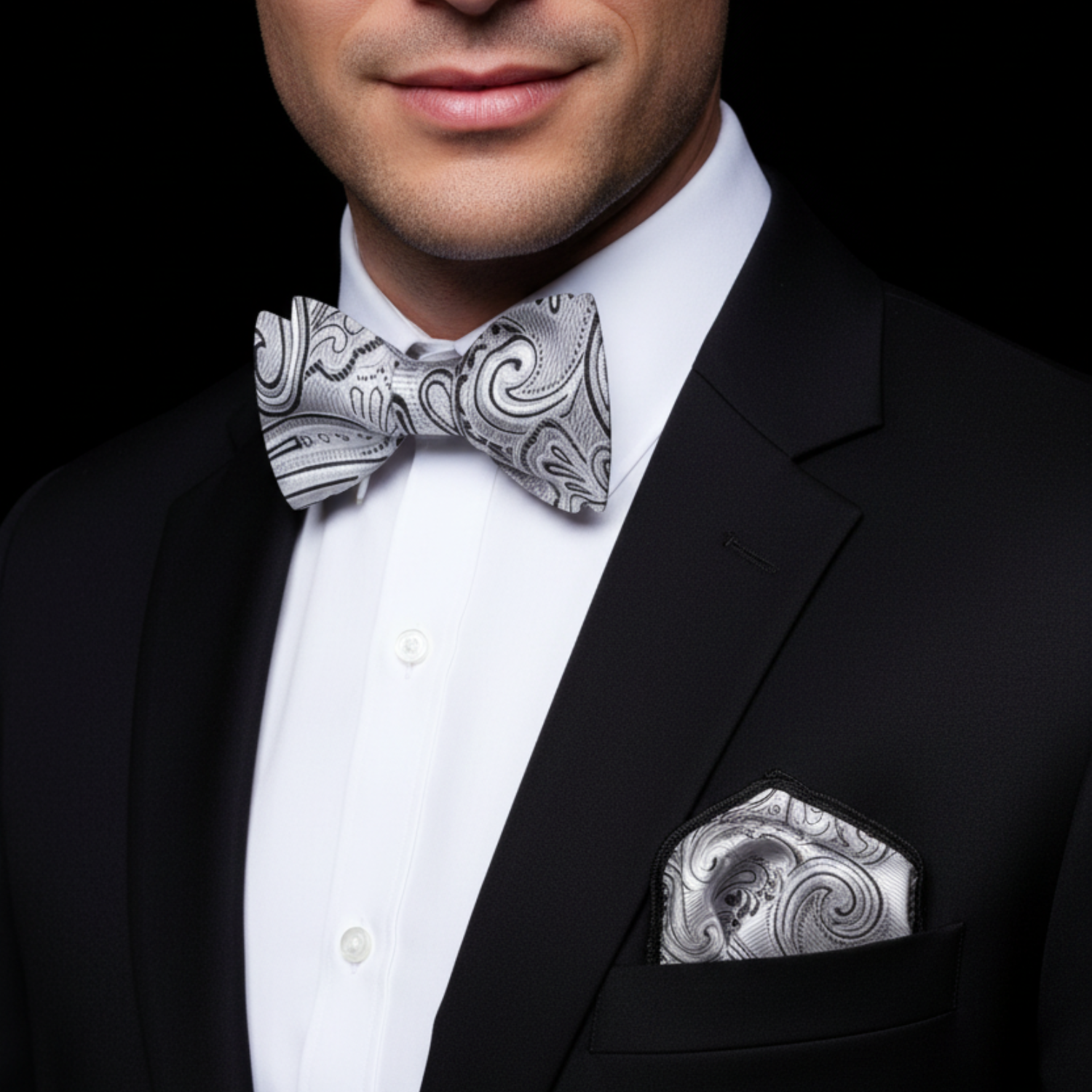 Man wearing white black paisley bow tie and square