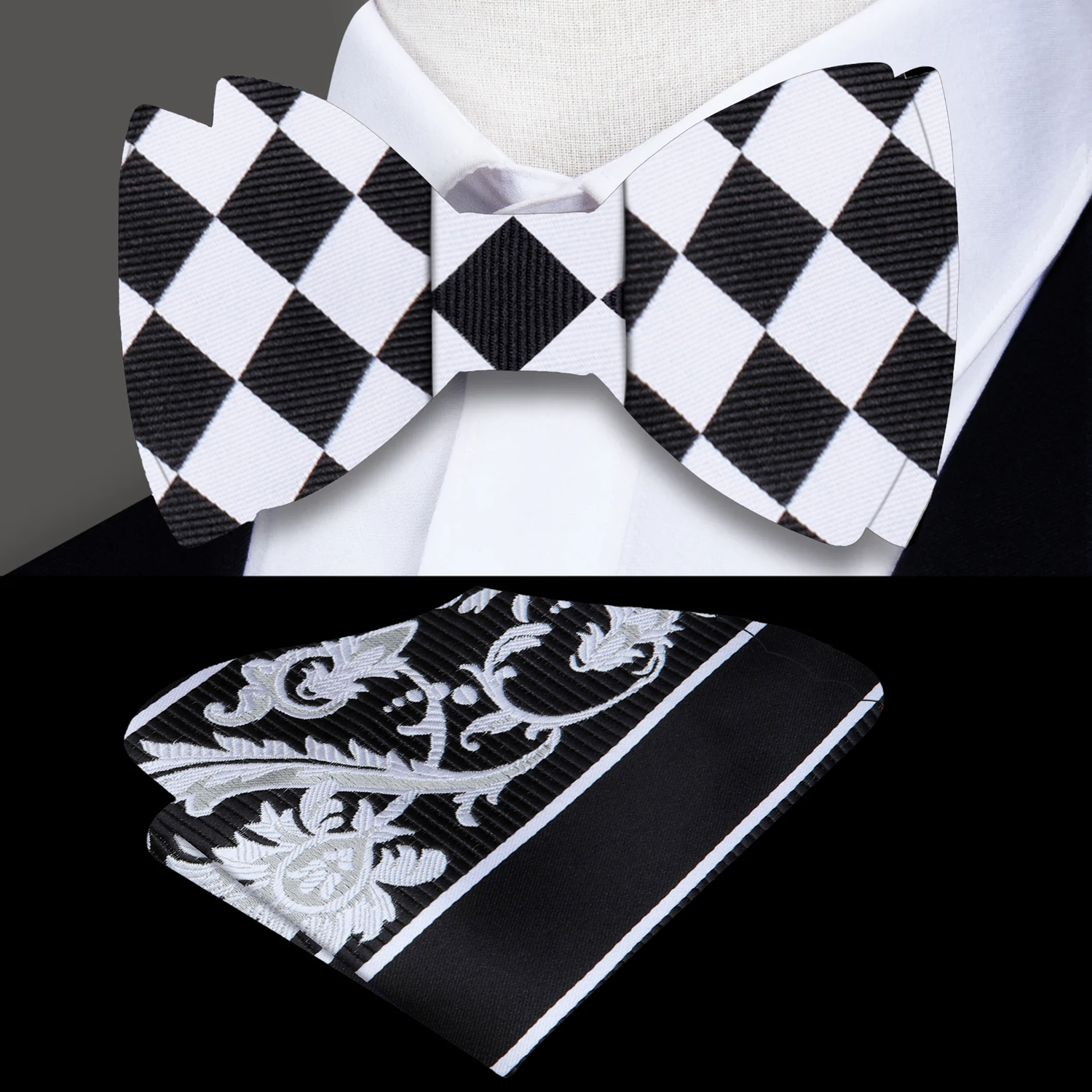 A Light Grey and Black Checkerboard Pattern Self Tie Bow Tie With Accenting Pocket Square