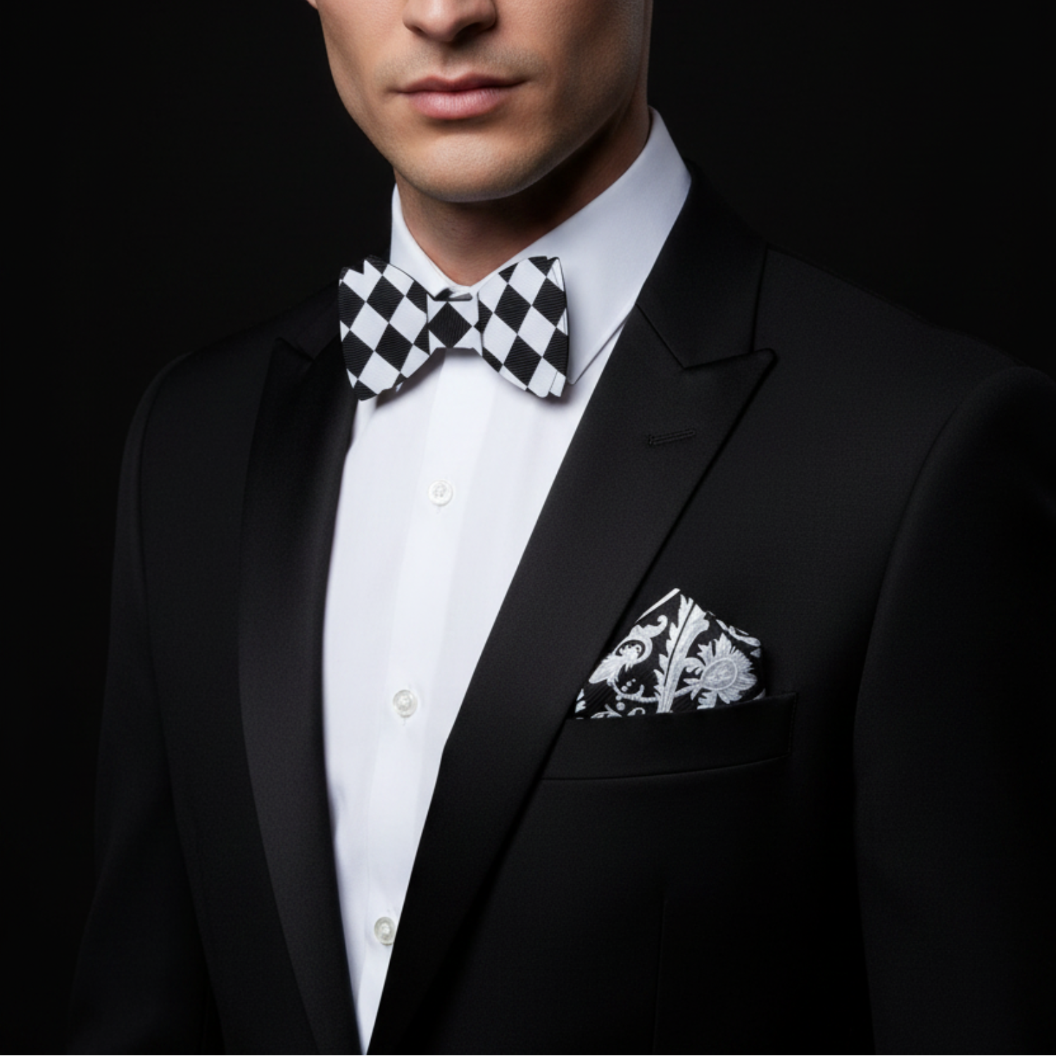 Man wearing a black suit with a white shirt, black and white checkered bow tie, and matching pocket square on a black background.
