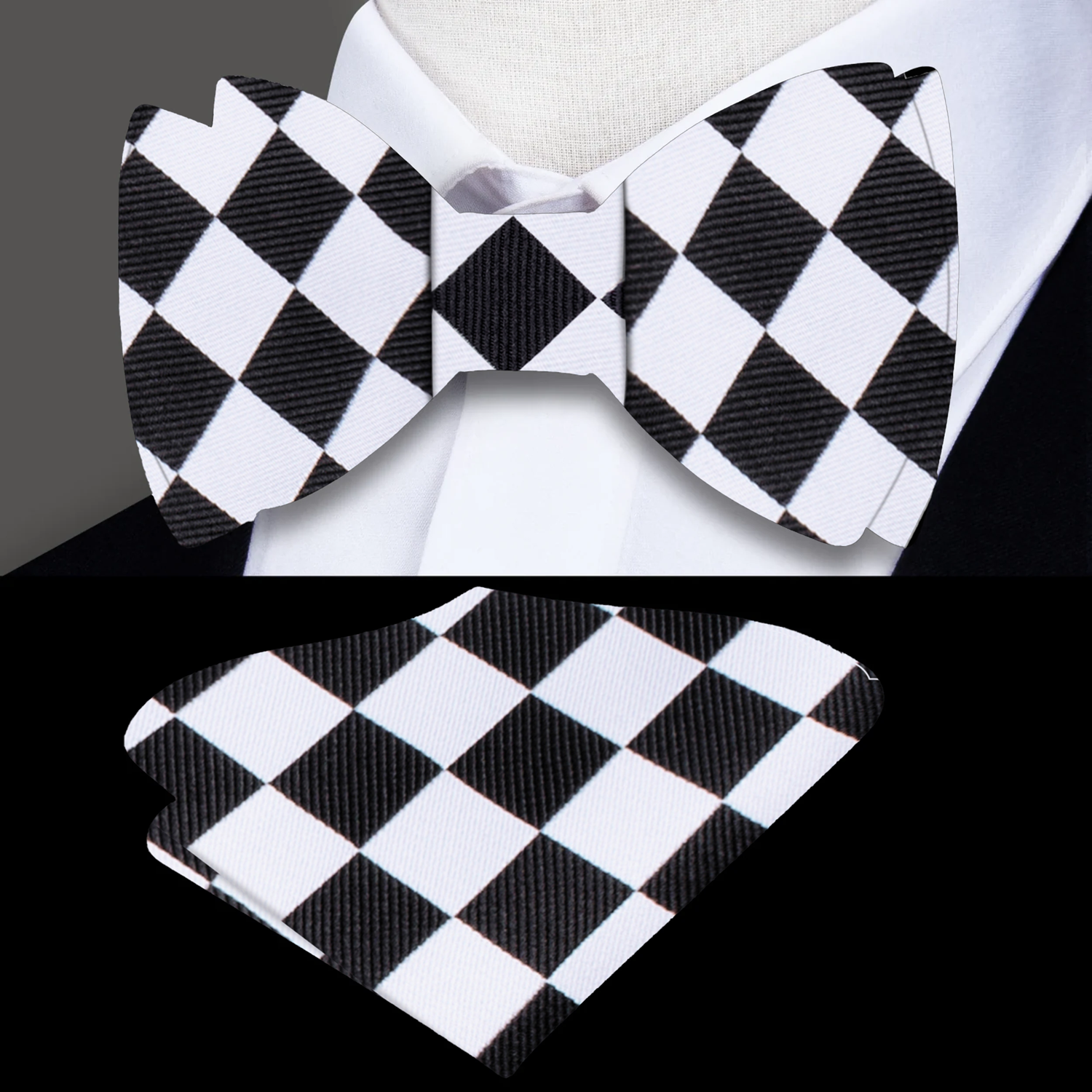 A Light Grey and Black Checkerboard Pattern Self Tie Bow Tie With Matching Pocket Square