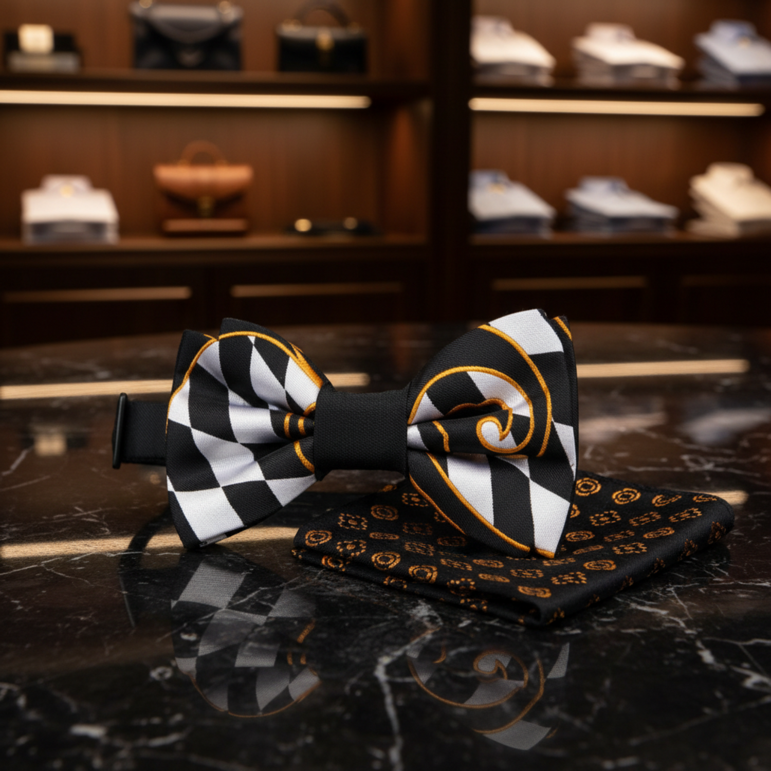 Light Grey Black Gold Champion Bow Tie and Accenting Square