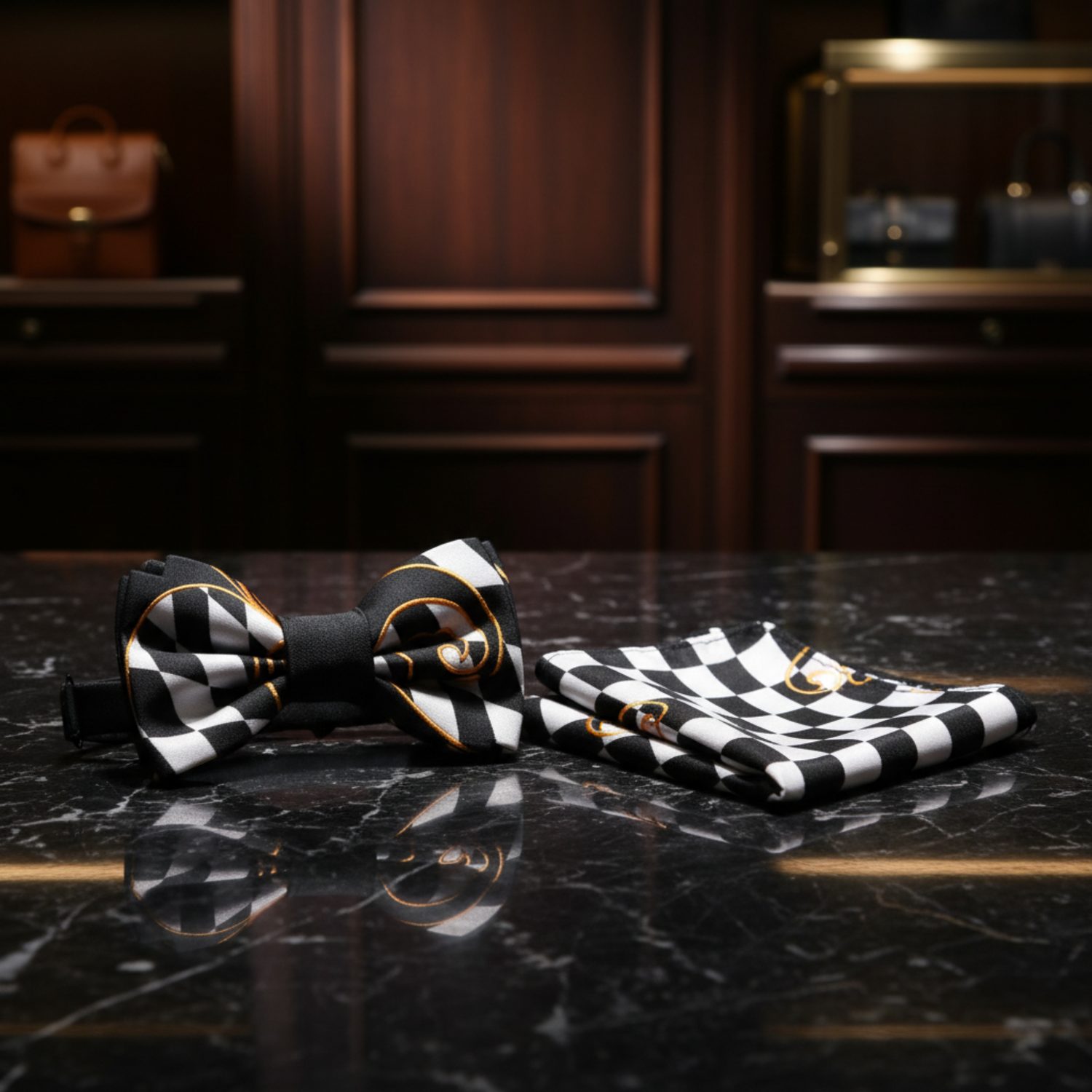 Main View: Black, Light Grey, Gold Geometric and Paisley Bow Tie and Square