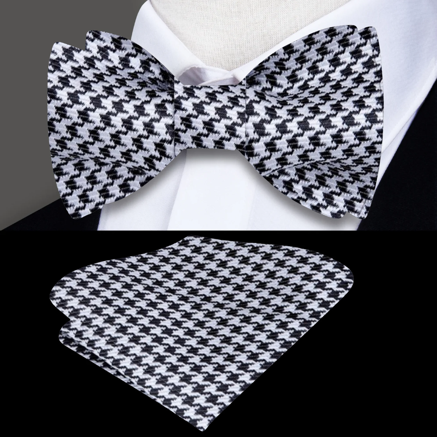 Light Grey Black Hounds Tooth Bow Tie and Square