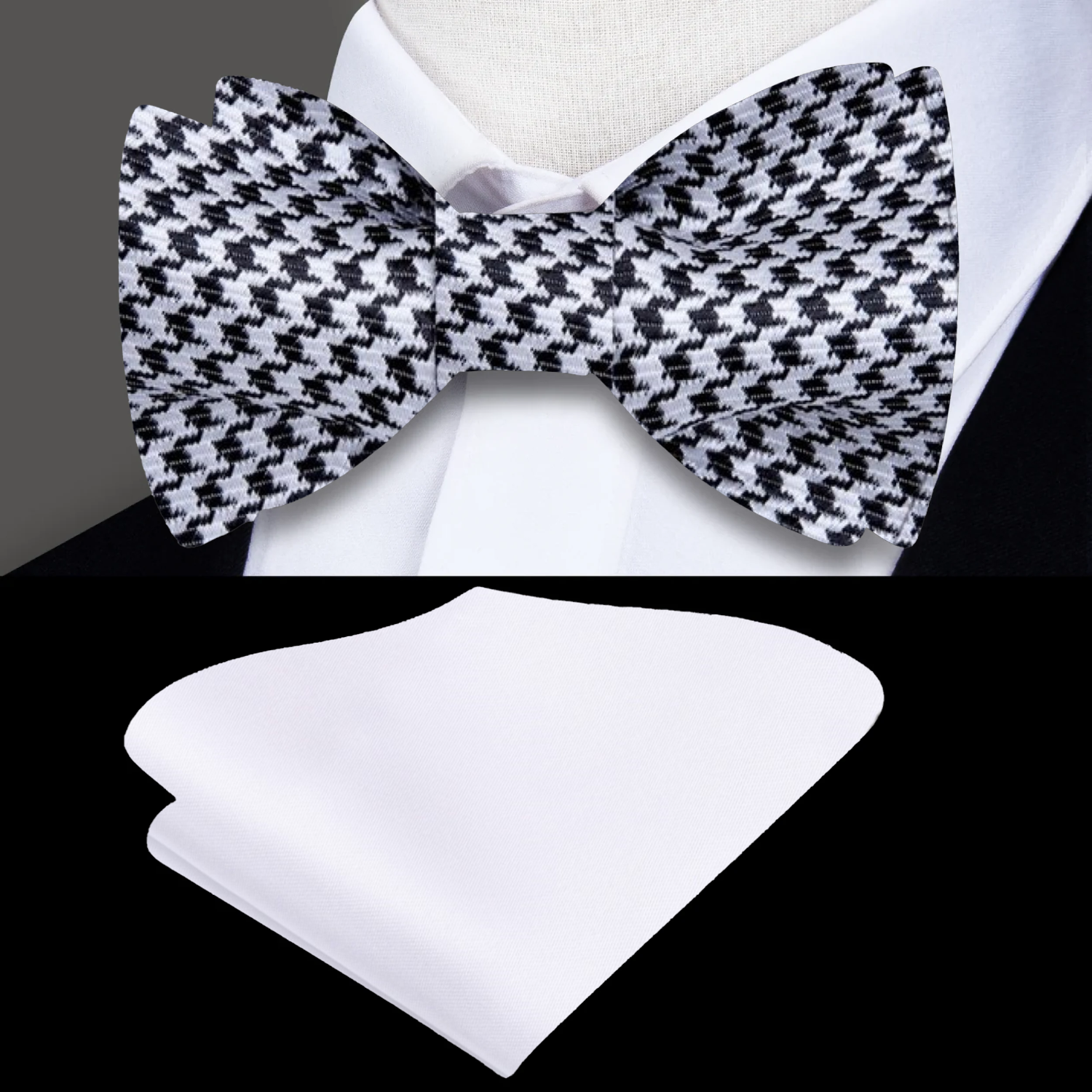 Black, Light Grey Hounds Tooth Bow Tie and White Square 