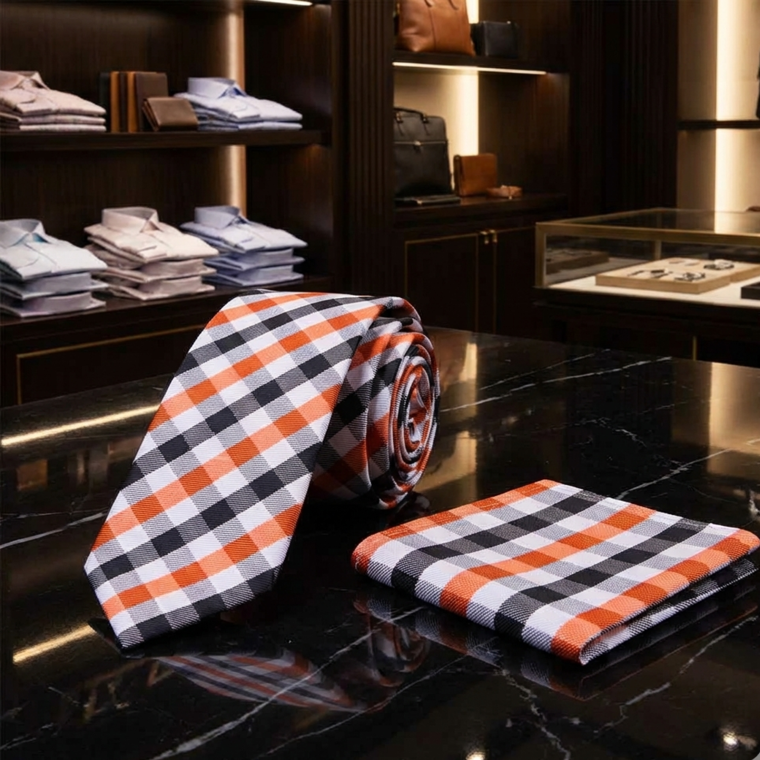 Alt View: A Orange, White, Geometric Check Pattern Necktie and Square